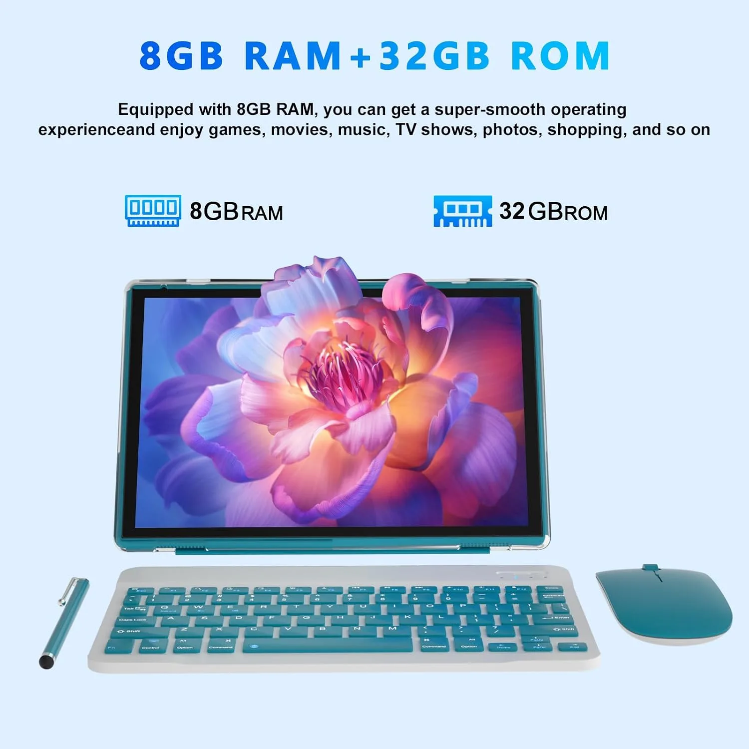 2 in 1 Tablet 10 Inch Android 15 Tableta, Tablets with Keyboard Mouse Case Stylus, 8GB RAM 32GB ROM Supports 1TB Expansion, 2MP+8MP Dual Camera Quad Core Processor 6000mAh Battery 10.1 IN FHD Tab Navy