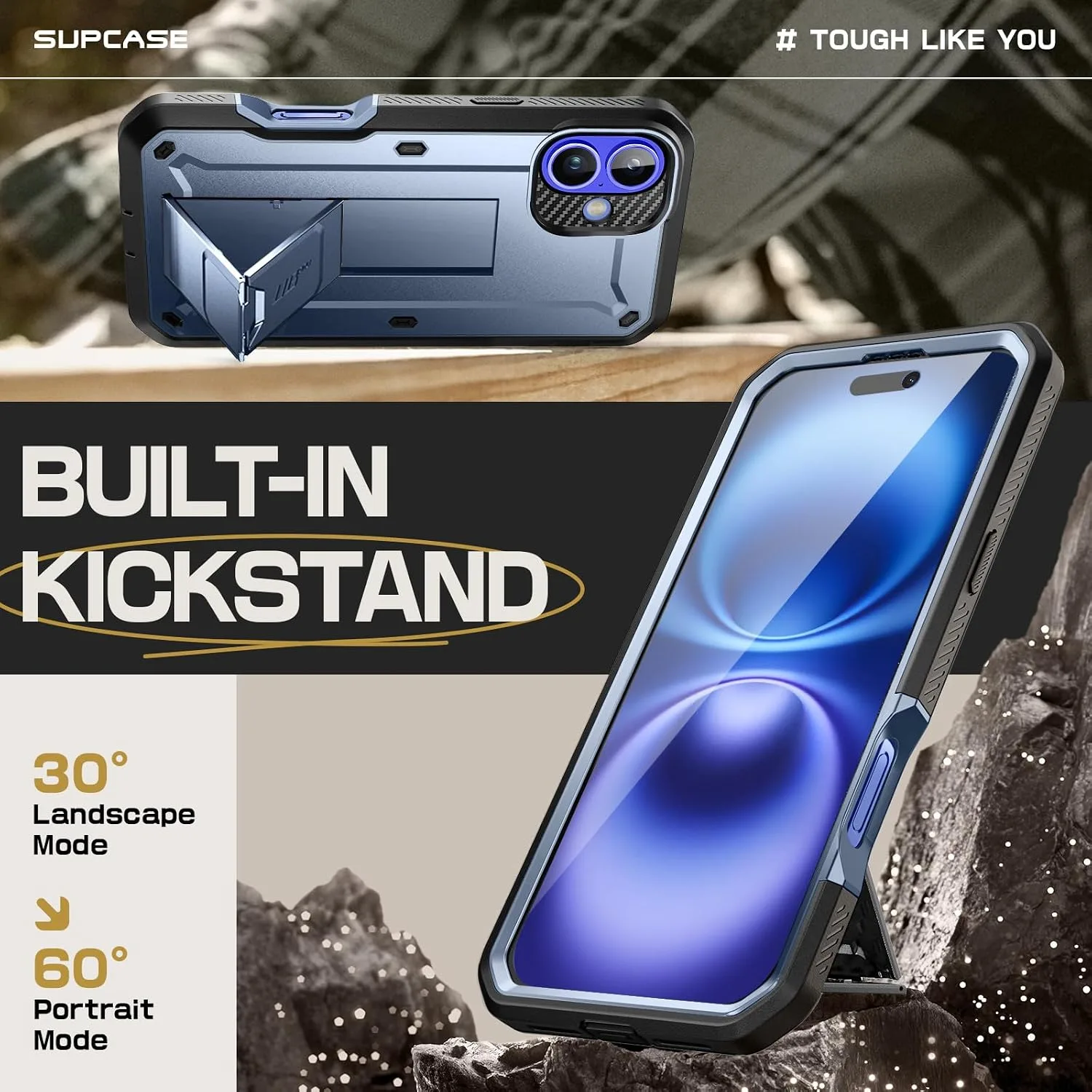 SUPCASE for iPhone 16 Case with Screen Protector & Kickstand, Blue