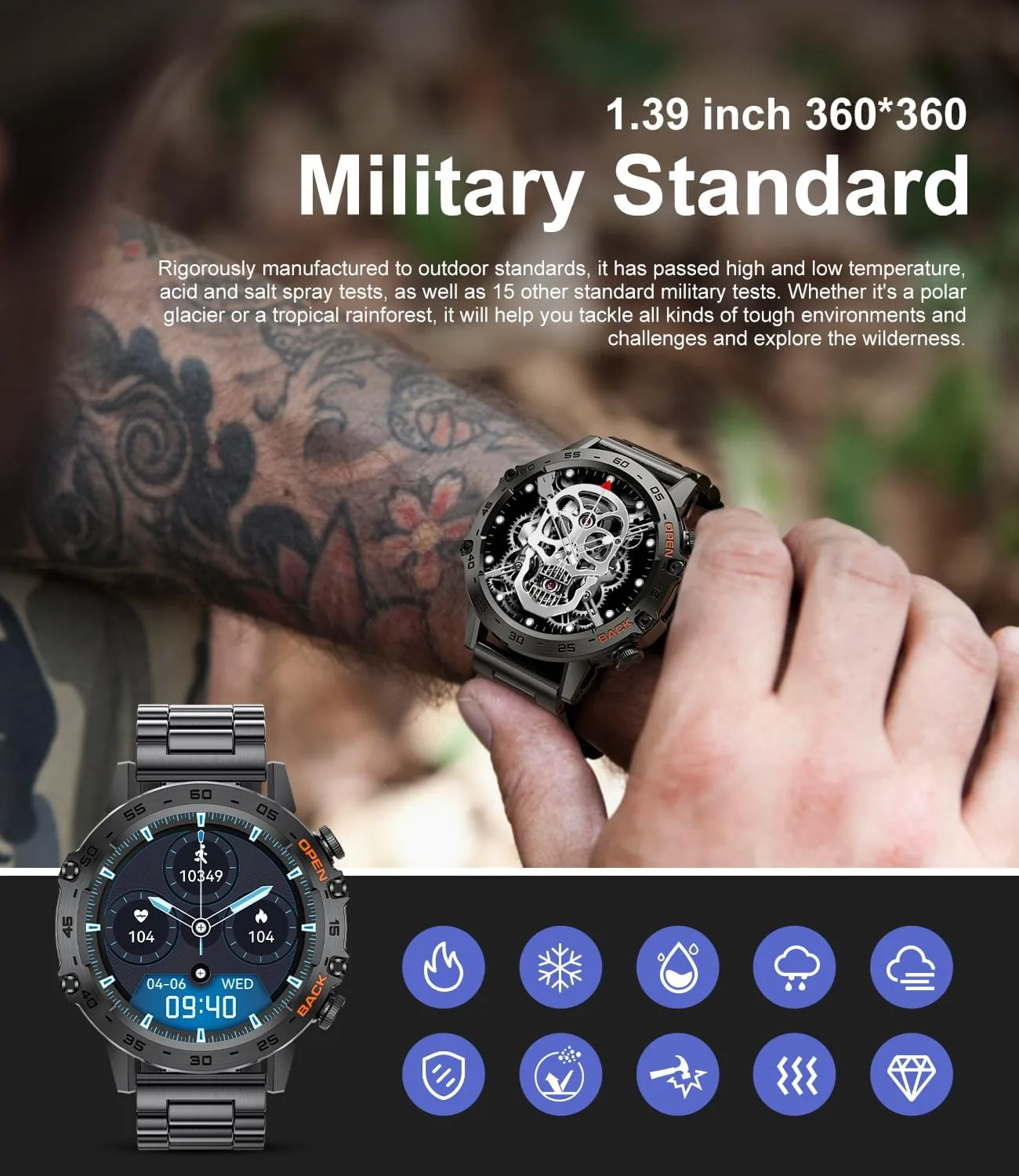SUNKTA Smart Watches for Men(Answer/Calls),1.39 inch Touchscreen/5ATM Waterproof/120+ Sports Modes Fitness Watch with Heart Rate for Android/iOS Steel Black