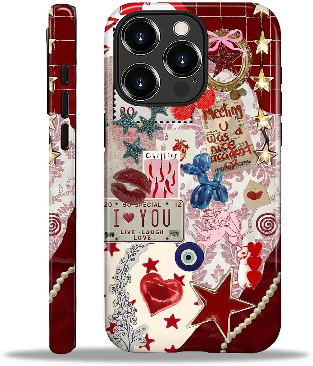 DAIZAG Case for iPhone 16 Pro Max,Mixed 2 Layer Design Shockproof Soft TPU Ddouble Protection Phone Case for iPhone 16 Pro Max-Conch Red Pearl Collage