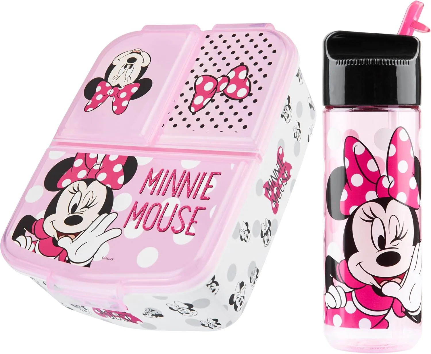 Disney Minnie Mouse Kids Lunch Box with Compartments and Water Bottle with Straw (Pink)