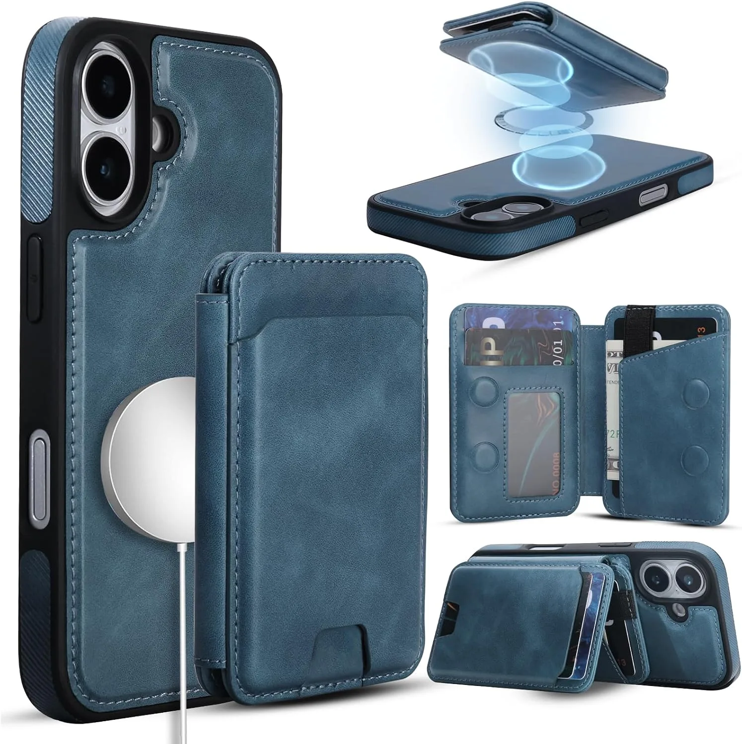 Magnetic Detachable Wallet Case for iPhone 17 with Kickstand,2-in-1 MagSafe Compatible RFID Blocking Card Holder,Slim PU Leather Cover Blue