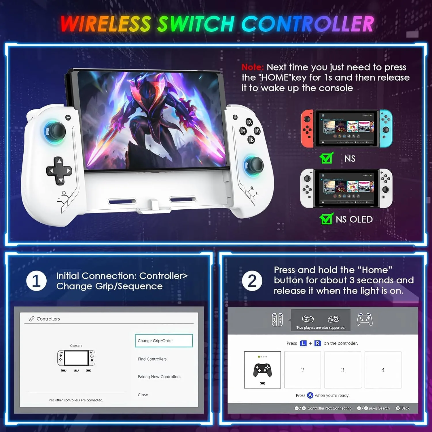 Moonag Switch Controllers Compatible with Nintendo Switch/OLED, Hall Effect One-Piece Controllers with 6-Axis Gyro, Motion Control, Wake-up, Dual Vibration, Turbo, 1000mAh Battery, White