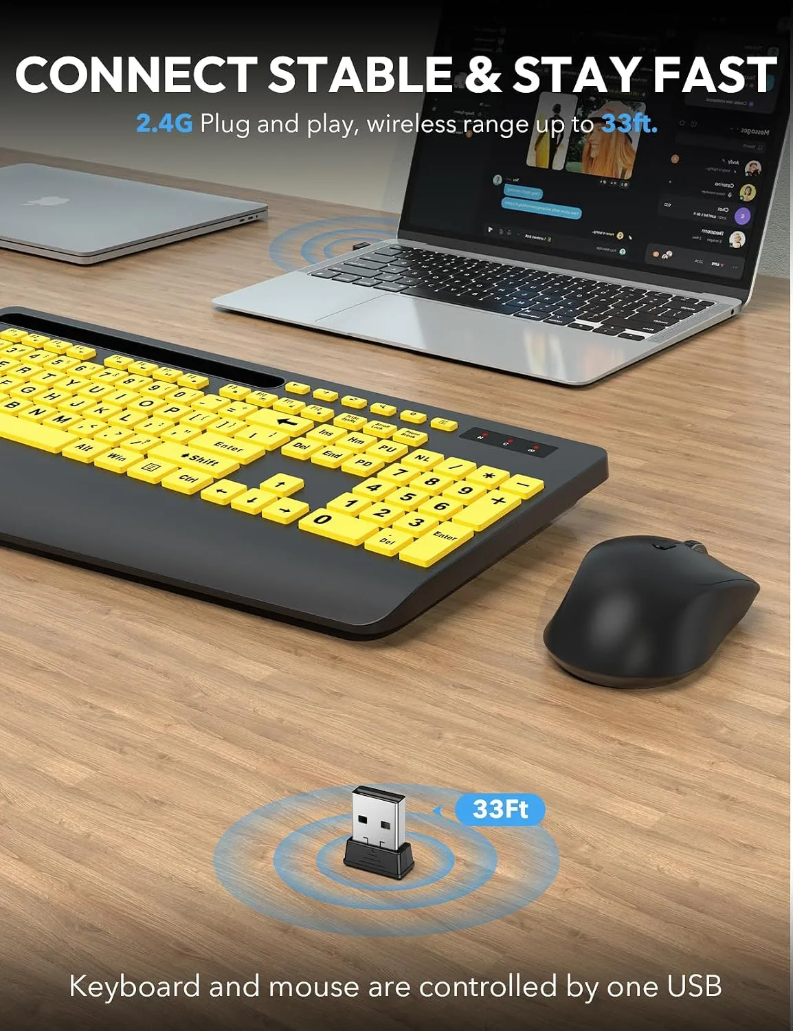 SABLUTE Wireless Keyboard and Mouse Combo with Large Print, Ergo Wrist Rest