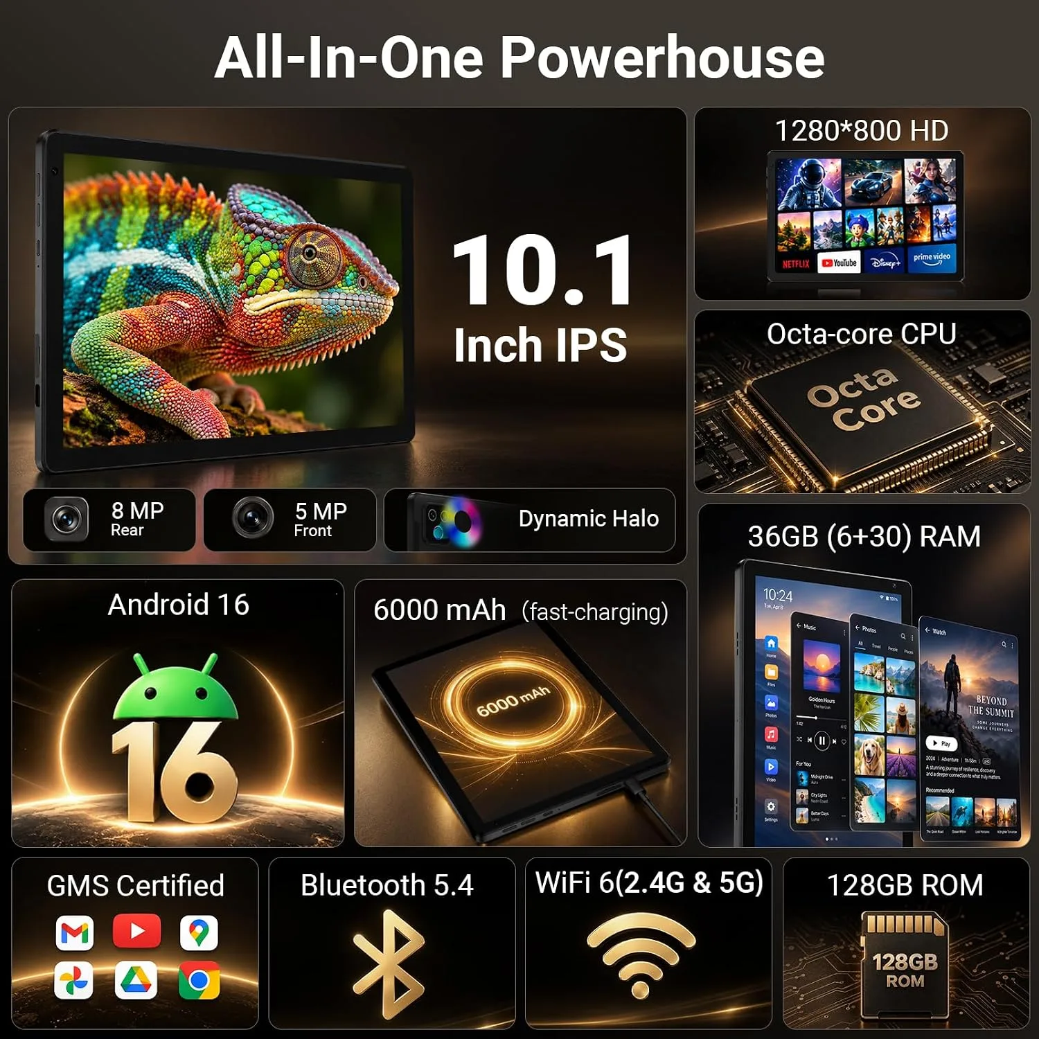Android 16 Tablet 10 Inch, Octa-Core, 36GB RAM 128GB ROM 1TB,WiFi 6, BT 5.4