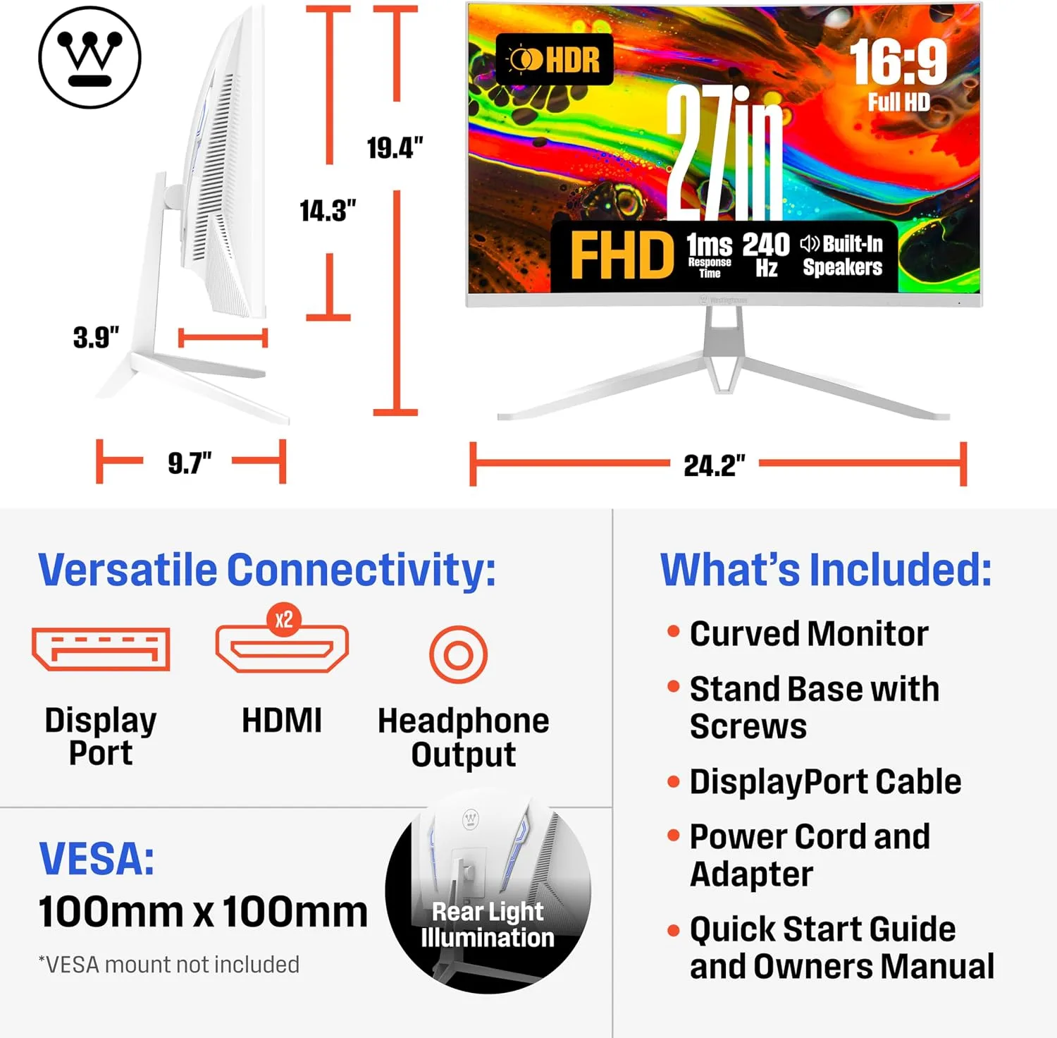 Westinghouse 27 Inch Curved Gaming Monitor, 240Hz, 1ms, 4000:1 Contrast Ratio, 118% sRGB, 1500R, FHD 1080P, AMD FreeSync, Eyecare, for PC Games with Built-in Speakers, DisplayPort, HDMI-White