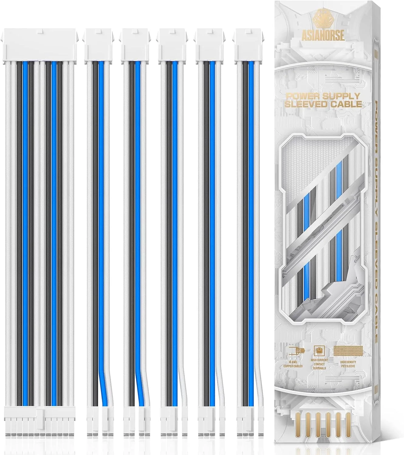 Asiahorse Customization Mod Sleeve Extension Power Supply Cable Kit 16AWG ATX/EPS/8-Pin PCI-E/6-pin PCI-E (Mix Color, Blue-White)