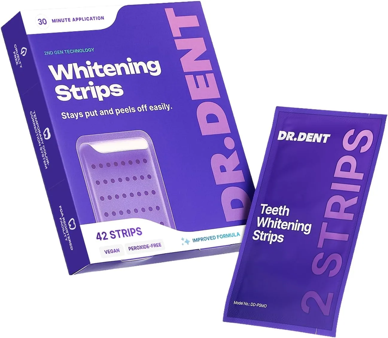 DRDENT Purple Teeth Whitening Strips - 42 Strips (21 Treatments) - Peroxide Free Pap Whitening - Color Correcting Purple