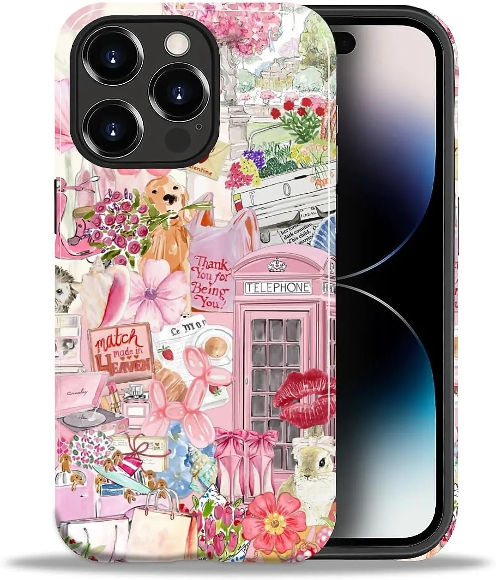 DAIZAG Case for iPhone 14 Pro,Mixed 2 Layer Design Shockproof Soft TPU Ddouble Protection Phone Case for iPhone 14 Pro-Cute Pink Animal Garden Collage
