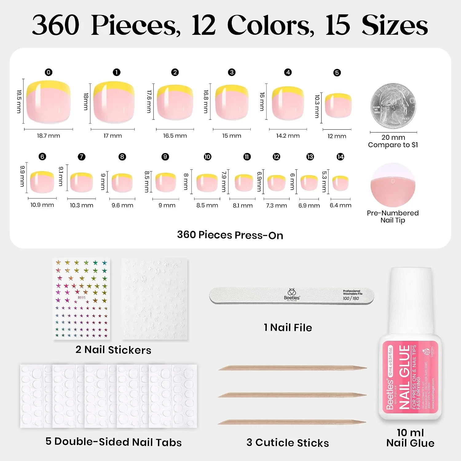 Beetles Press On ToeNails Kit - Glitz Spectrum | 360Pcs 12 Colors Short Square Press On Nails | 15 Sizes French Glossy Glitter with Nail Glue & Nail Tabs Stickers, Fake Nails Kit Art for Women