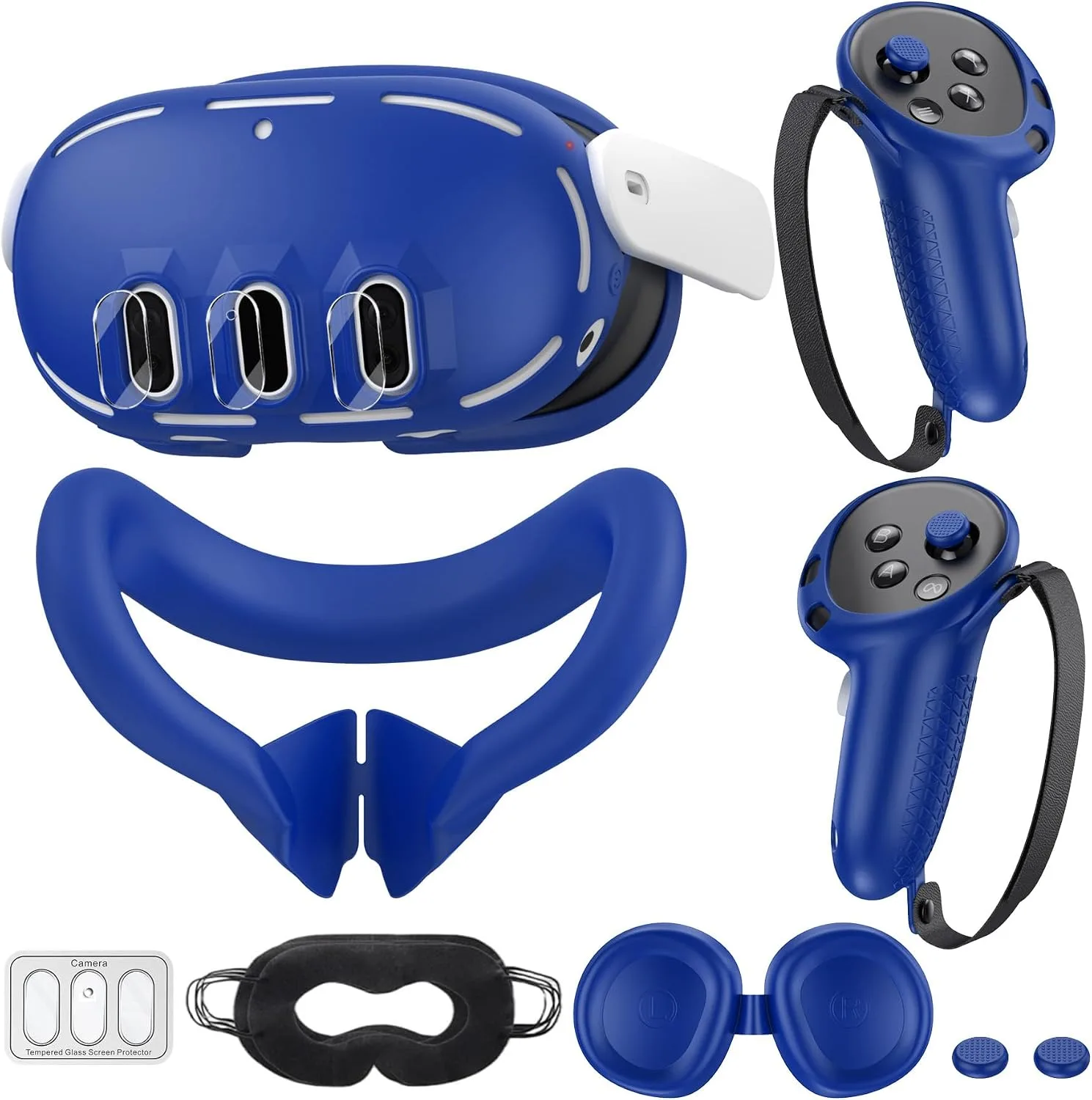 Silicone Cover Set Compatible with Meta/Oculus Quest 3, VR Silicone Face Cover, VR Shell Cover,Touch Controller Grip Cover,Camera Lens Protector Set (Blue)