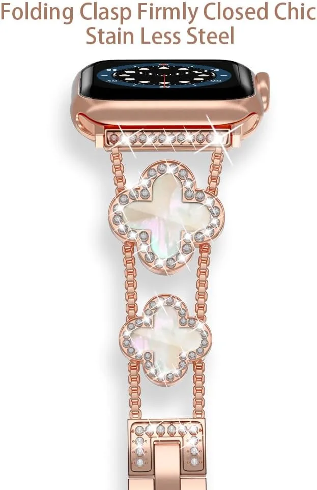 Musk-MSKR Diamond Metal Bands Add Sparkle to Your Watch For Apple Watch Series 12/11/10/9/8/7/6/5/4/3/2/SE/Ultra Clover Simple and Stylish Compatible with 38mm40mm41mm42mm44mm45mm 46mm49mm Women's Wear