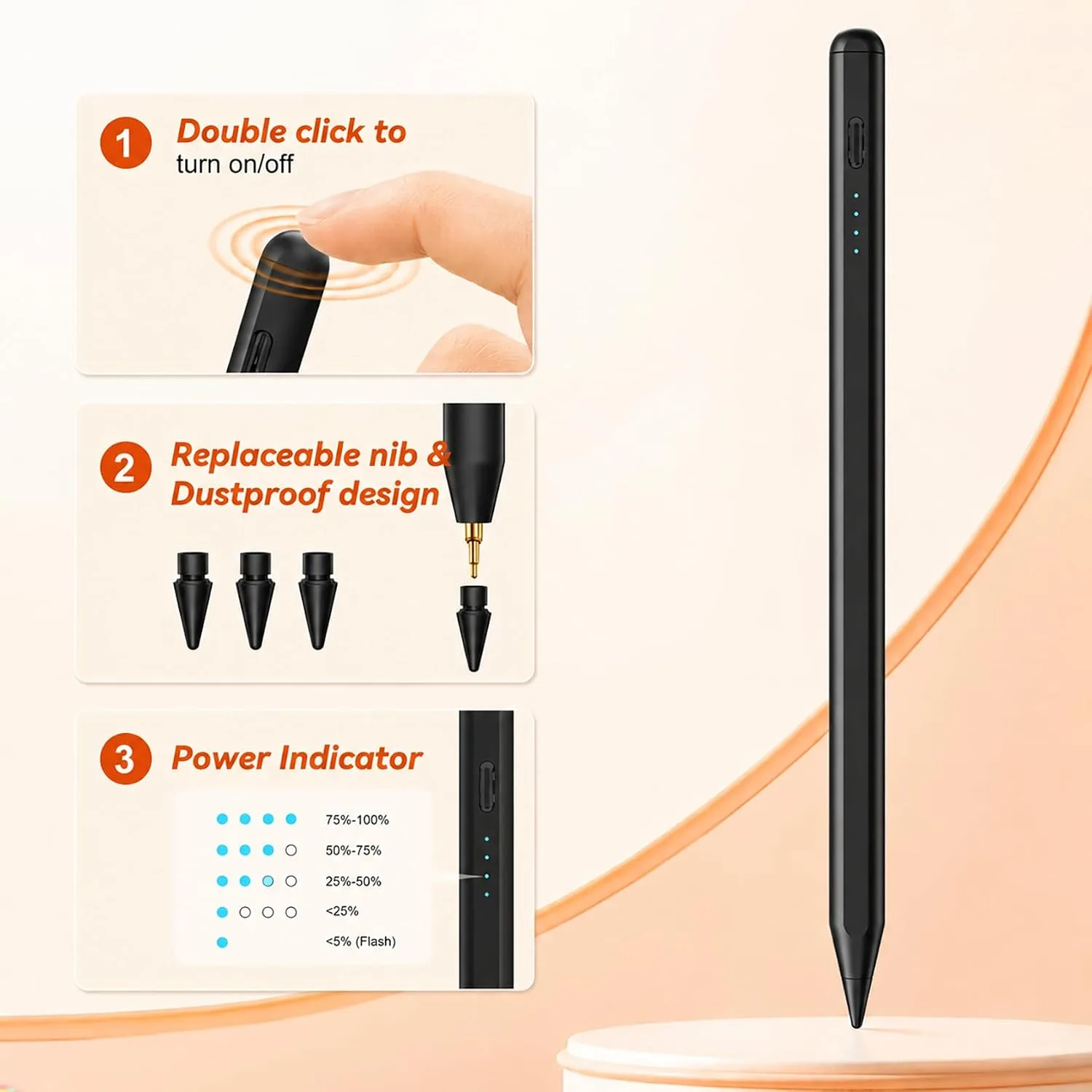 Stylus Pen for iPad 2018-2026 Gen, Fast Charge, Palm Rejection-Black