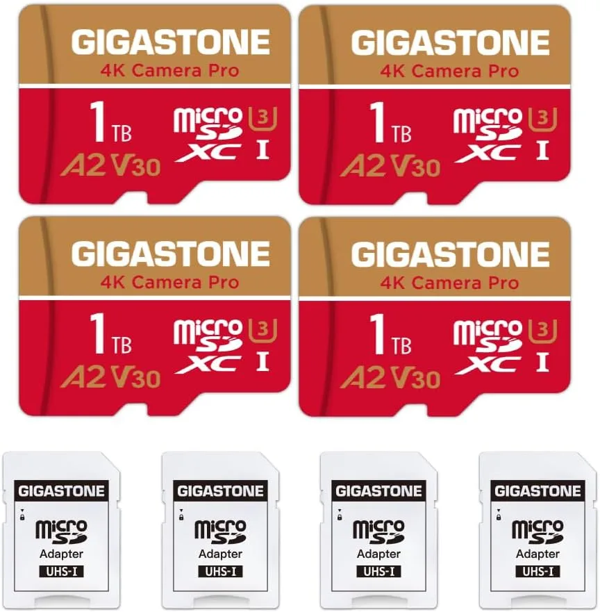 【5-Yrs Free Data Recovery】 GIGASTONE 1TB Micro SD Card 4-Pack, 4K Camera Pro, R/W up to 150/130 MB/s, 4K Video Recording for GoPro, DJI, Drone, MicroSDXC Memory Card UHS-I U3 A2 V30, with Adapter