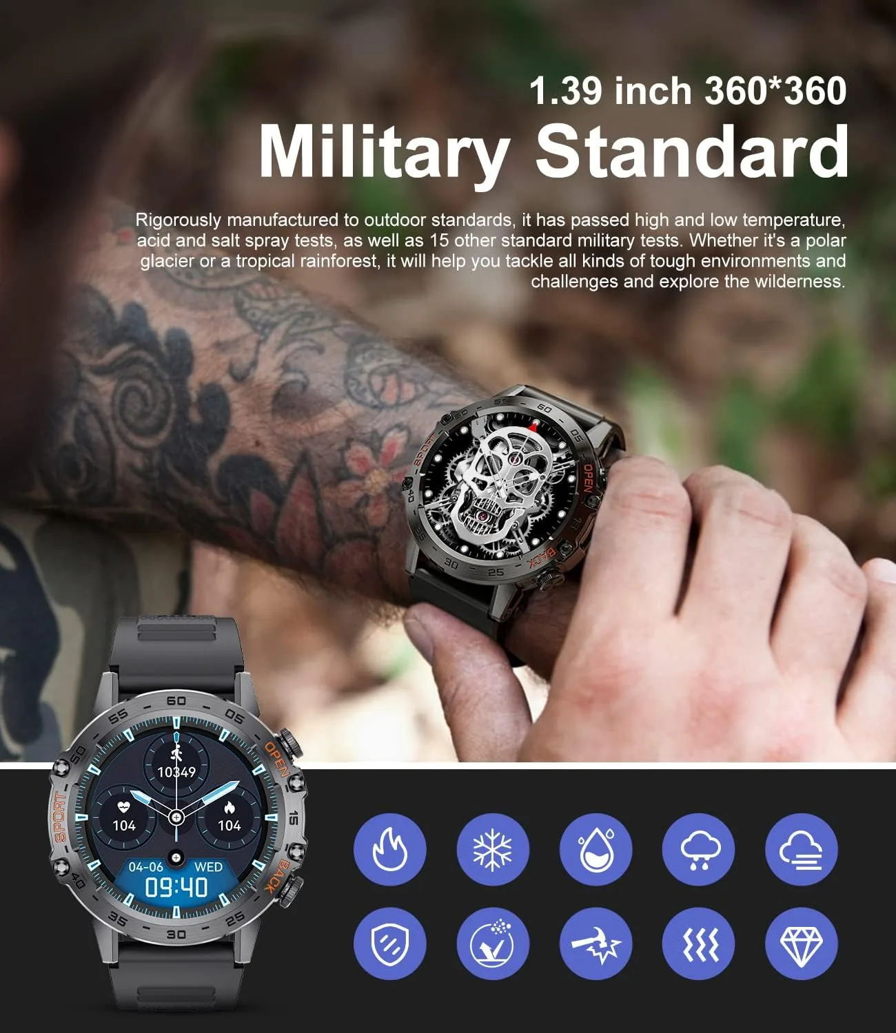 SUNKTA Smart Watch for Men Bluetooth Calls with,1.39''HD Touch Screen Tactical Smartwatch for Android and iPhone,5ATM Waterproof Fitness Watch with Blood Pressure/Heart Rate Monitor BlackSilicone