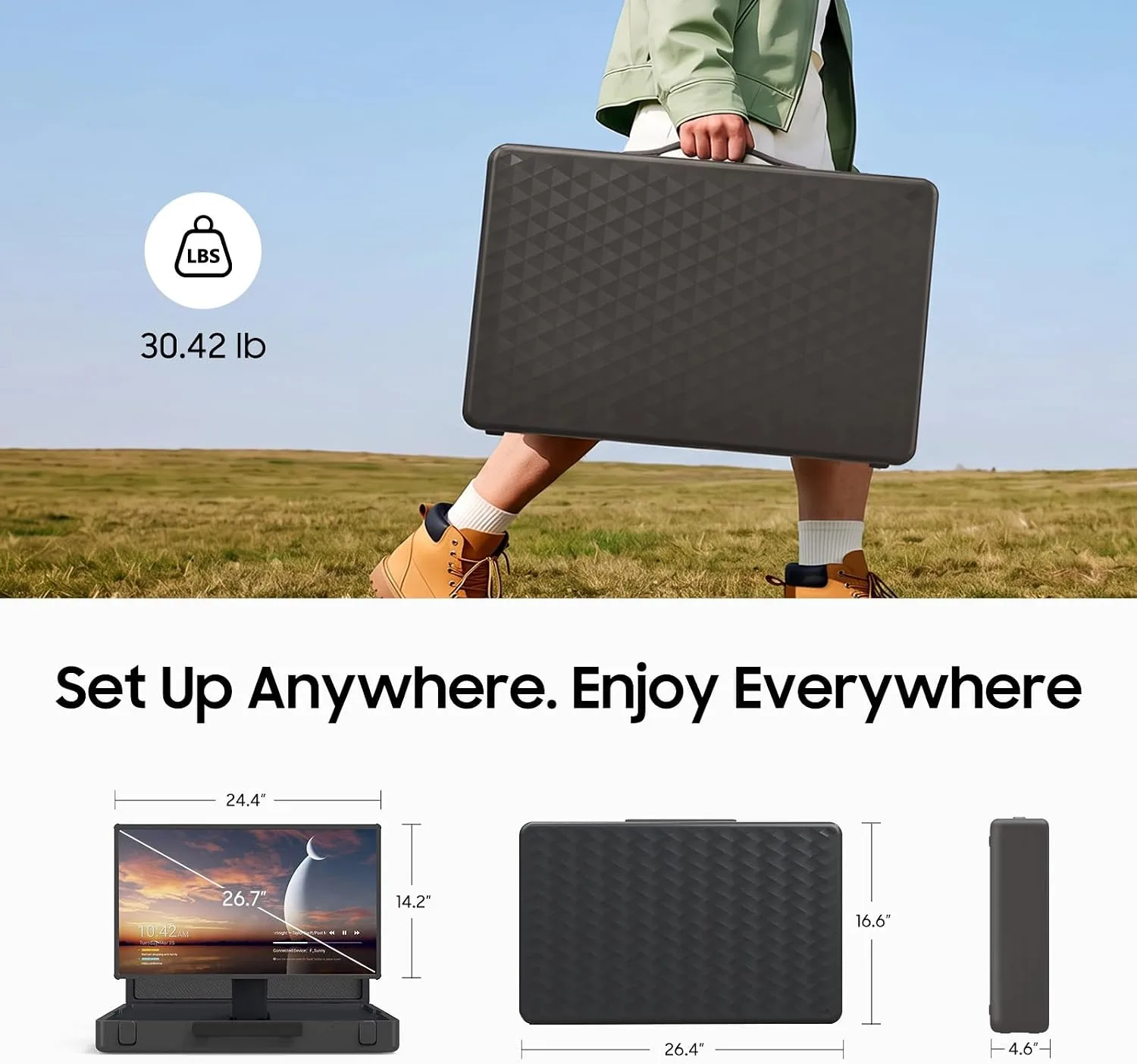 apolosign packgo 27-Inch Portable Entertainment System, Compact Suitcase Design Smart TV, Android OS, Bluetooth 3D Speakers, Built-in Battery 6H, Briefcase Screen Perfect for Travel & Parties (Gray)