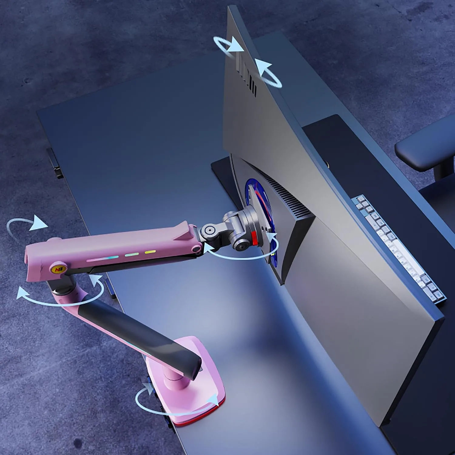 NB Gaming Monitor Arm or for 32 to 60 Inches Screen, Load up to 20 kg, VESA 75/100, RGB-Light, Heavy Duty, Multi Angle Adjustable, Premium Aluminum, Pink