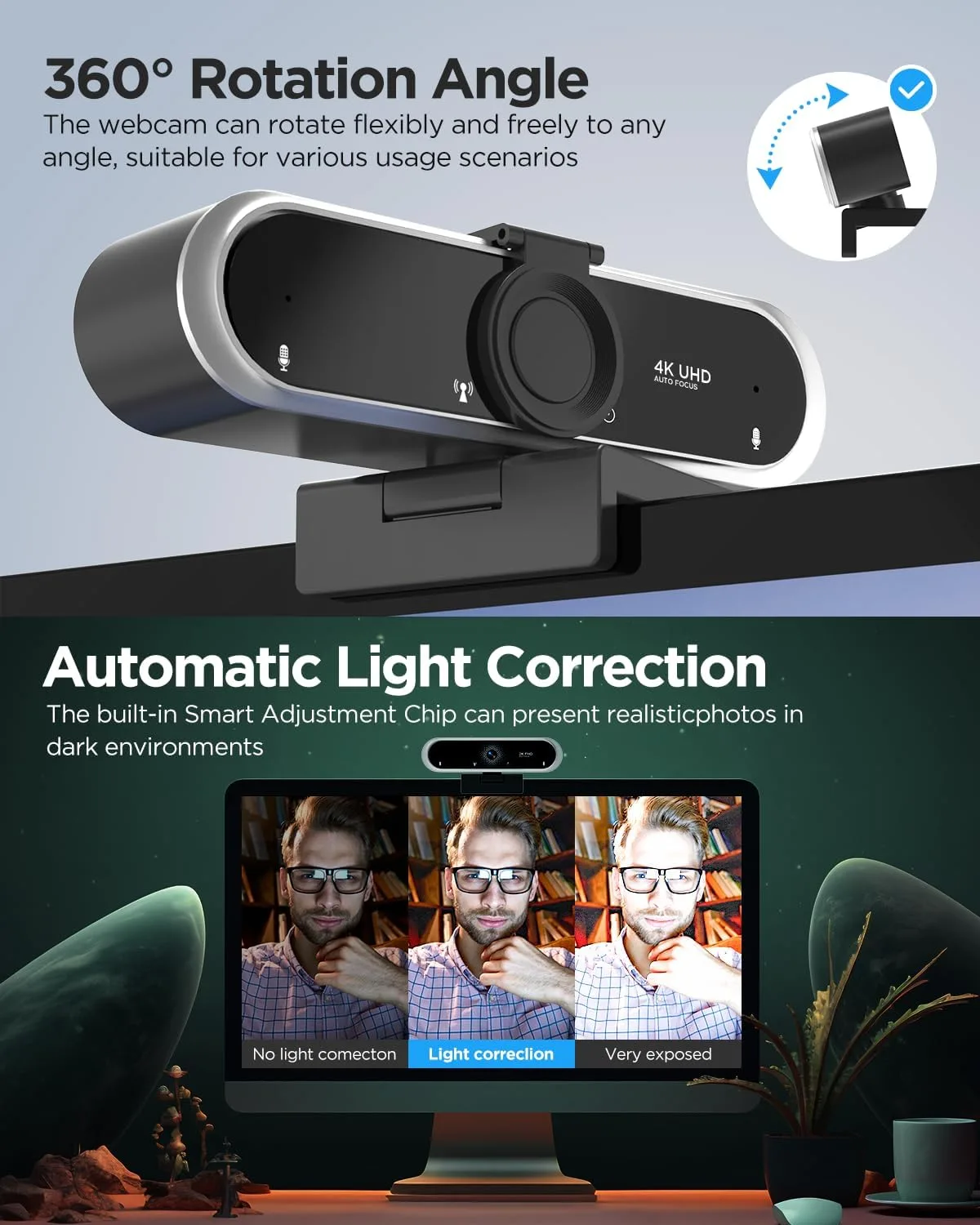 Webcam 4K with Microphone & Privacy Cover for PC/Laptop, USB Computer Camera Plug & Play with Auto Light Correction for Video Calls, Live Streaming Gaming & Online Meetings (4K Black)