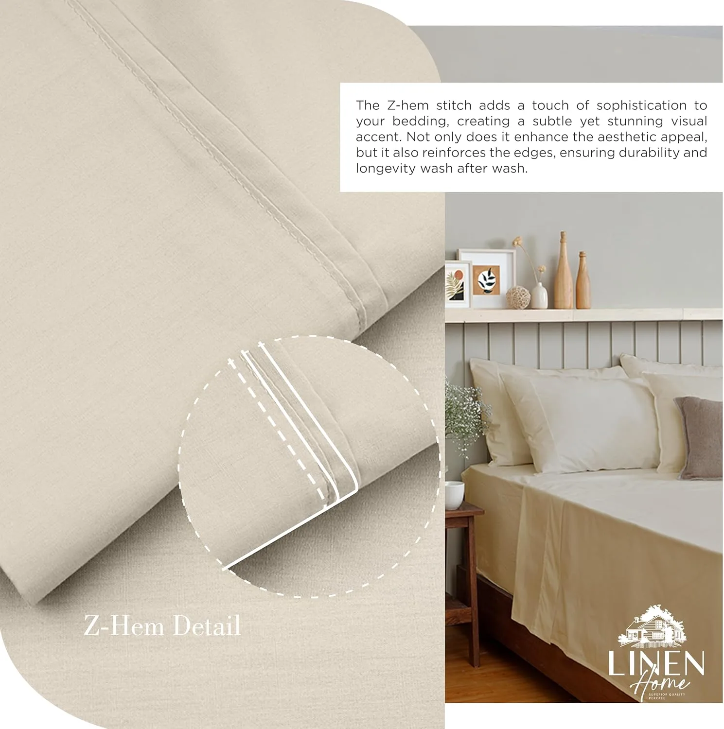 Linen Home 100% Cotton Percale King Sheets, 4 Pc Cooling Set - Light Taupe