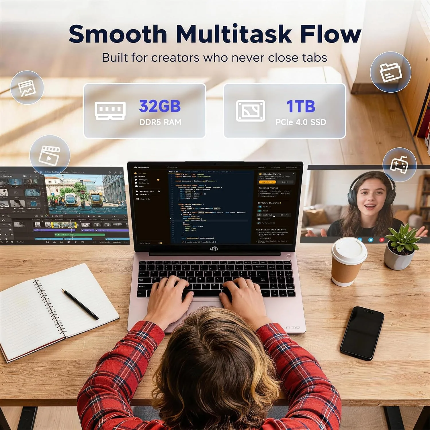 NIMO 15.6" FHD AI-Creator-Laptop, AMD R7 8745HS 8 Cores, 32GB DDR5 1TB SSD