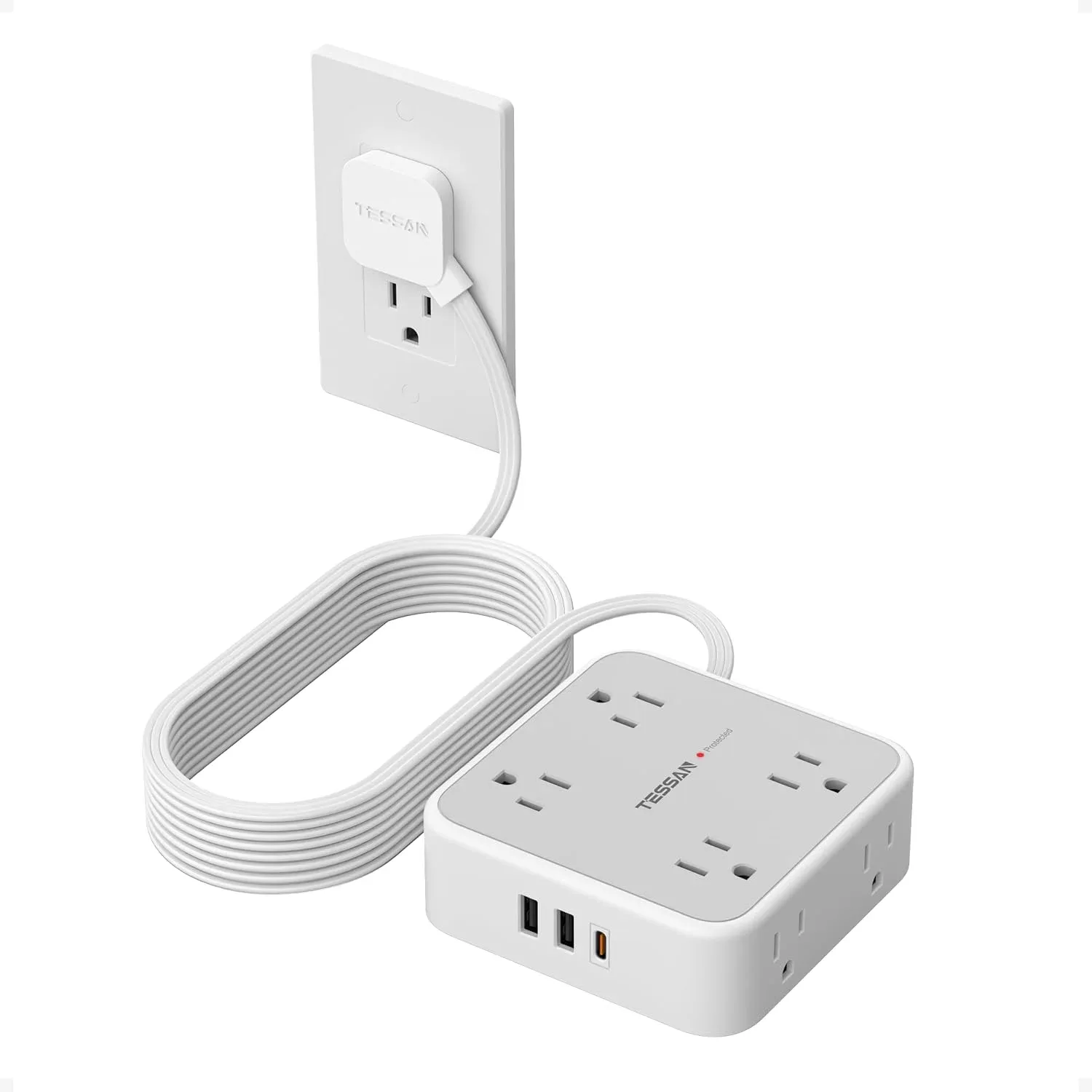 Regleta de protección contra sobretensiones TESSAN con 8 salidas y 3 puertos USB, cable de 15 pies, gris