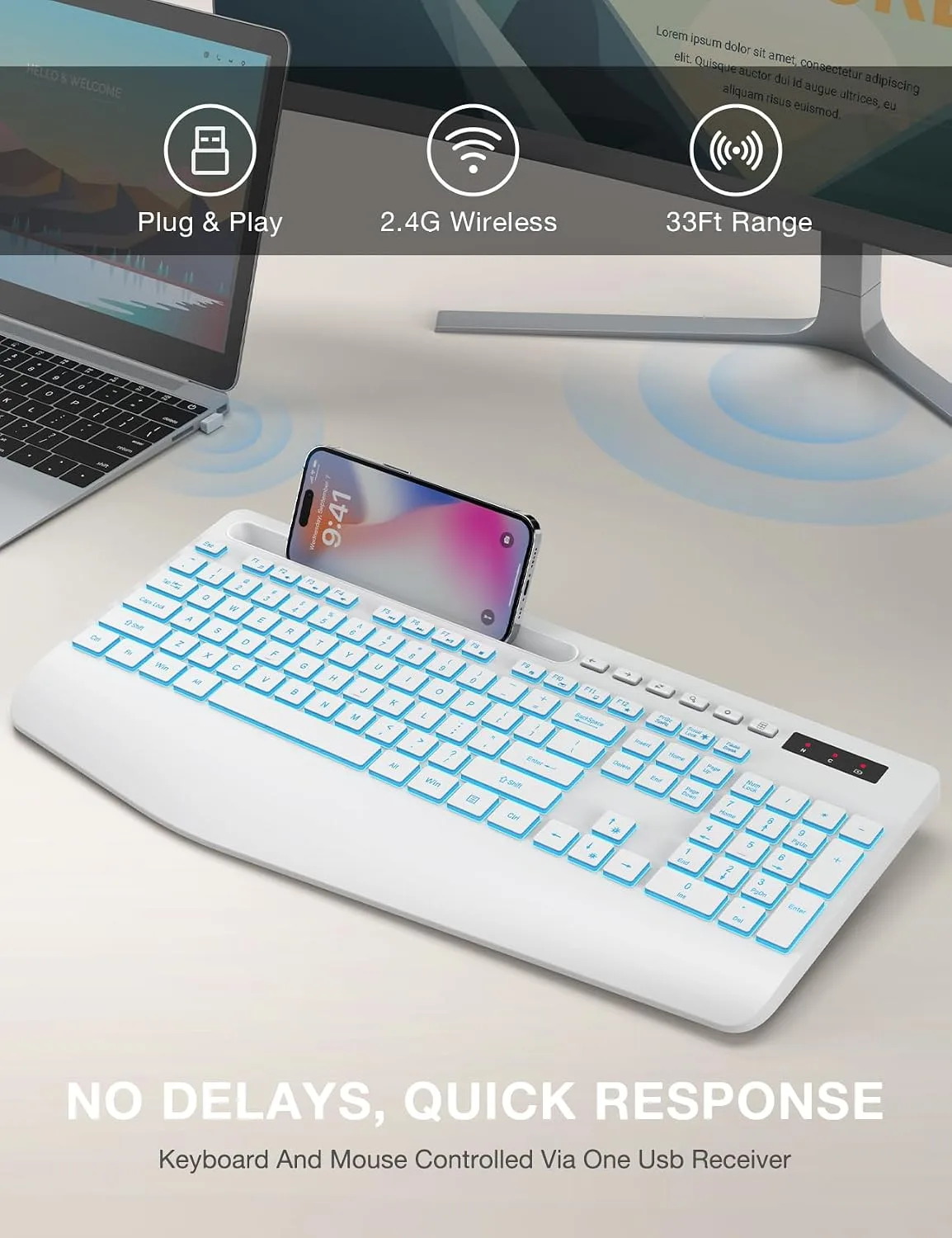 SABLUTE Wireless Keyboard with 7 Colored Backlit, Wrist Rest, 2.4G Lag-Free