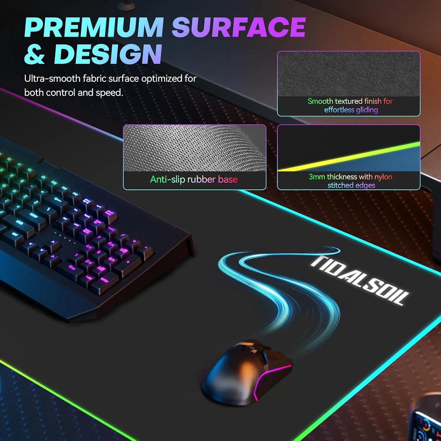 TIDALSOIL RGB Gaming Mouse Pad, 15W Wireless Charger Desk Mat 27.6x11.8 in