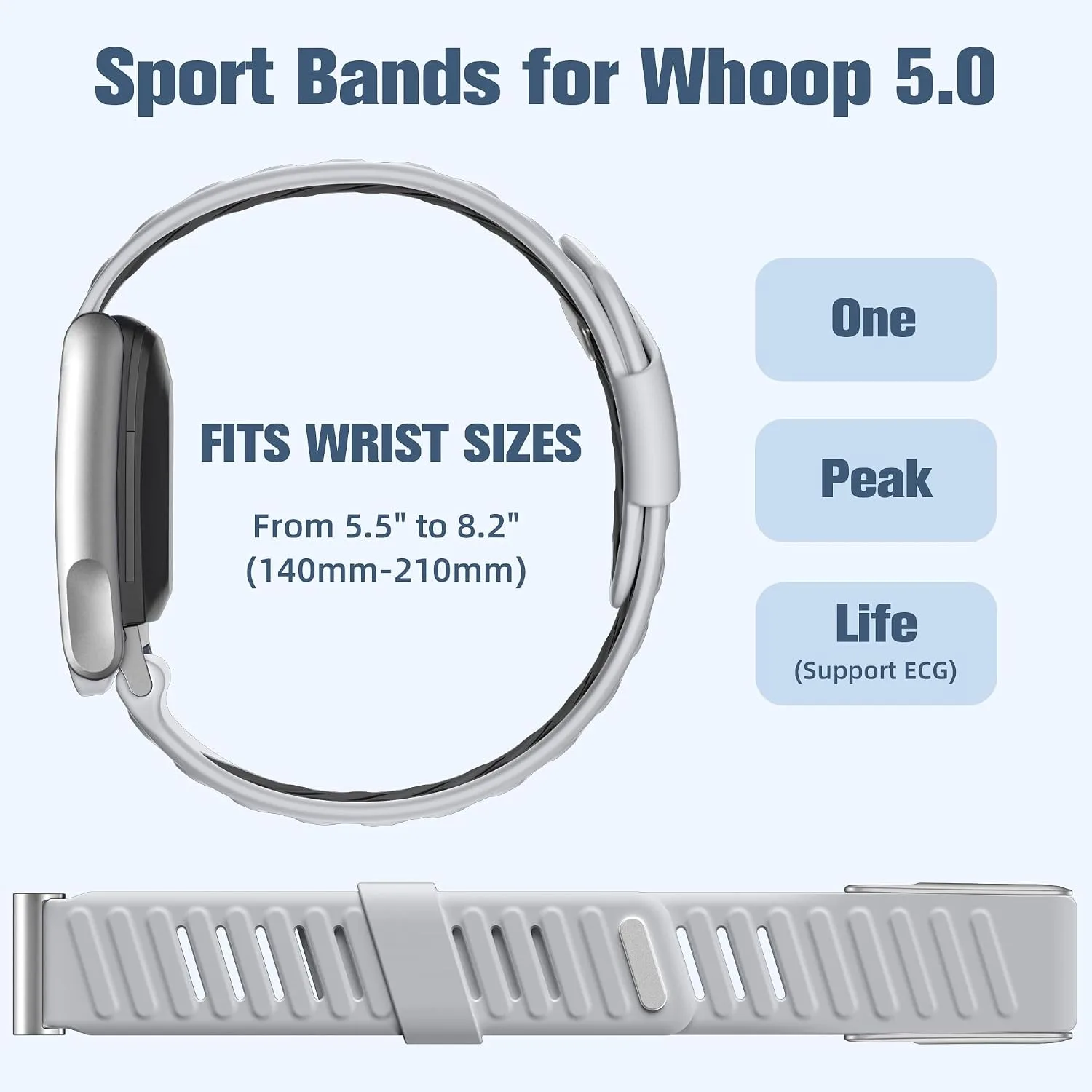 Getino Silicone Bands Compatible with Whoop 5.0 Band One, Peak, Life MG, Waterproof Adjustable Soft Replacement Sport Accessories Strap for Whoop Band 5.0 Fitness Activity Tracker, Grey/Black