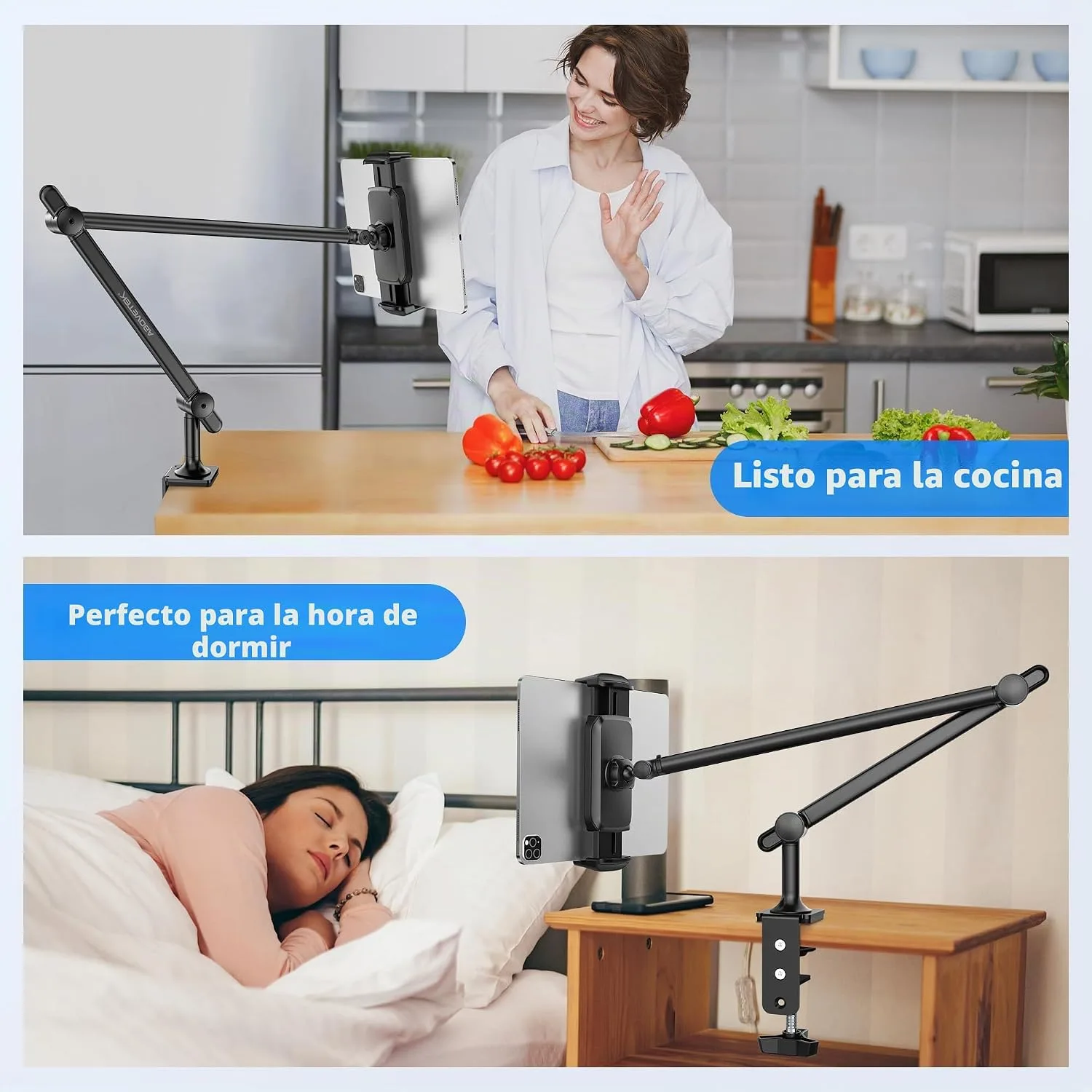 AboveTEK Tablet Stand Holder for Desk & Bed, Aluminum iPad Holder Arm with 360° Rotating Clamp, Adjustable Phone Stand Compatible with 4.7"-13.5" iPad Pro/Air/Mini, iPhone, Galaxy Tab- Black