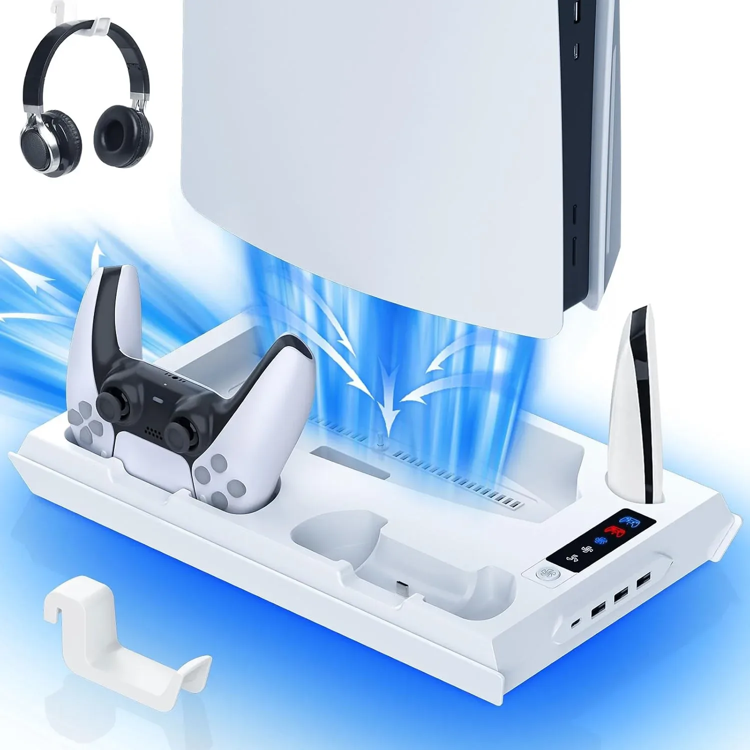 Estación de carga y enfriamiento Fivtek para PS5 con soporte para auriculares y hub USB