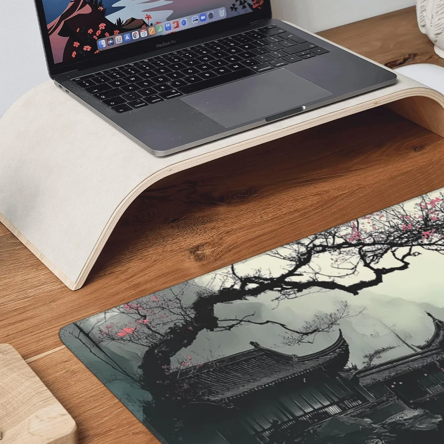 XL Extended Mouse Pad & Keyboard Desk Mat, Japanese Watercolor Cherry Blossom, Non-Slip Rubber Base, 35.4" x 15.7