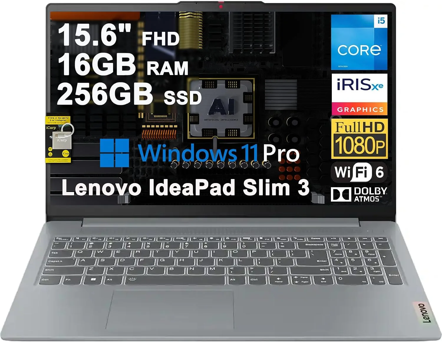 Lenovo IdeaPad Slim 3 Business Laptop 15.6" FHD Anti-Glare Intel 10-core i5-1335U 16GB RAM 256GB SSD Type-C Wi-Fi6 Long-Lasting Battery Rapid Charging Win11Pro ICP Acc