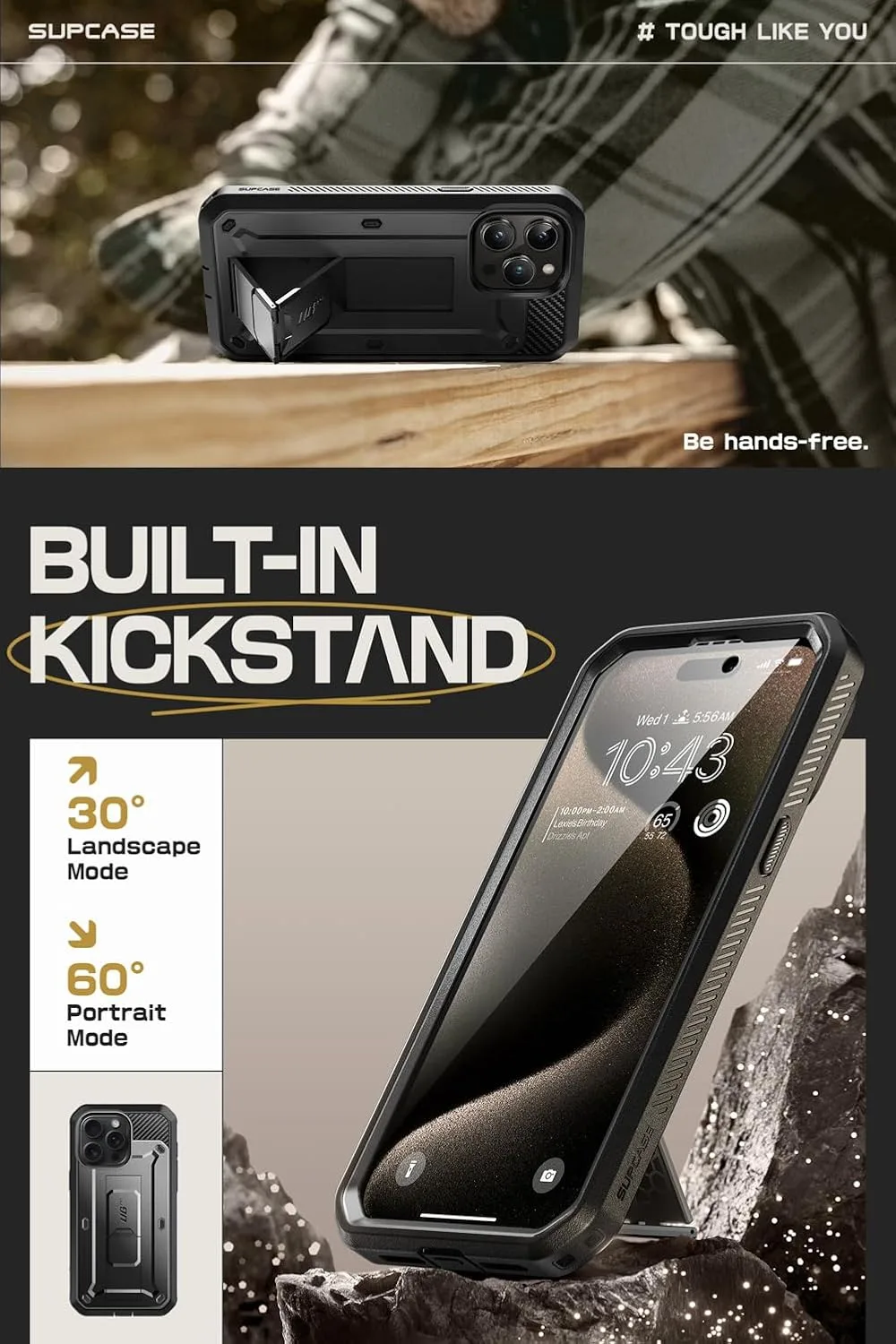 SUPCASE for iPhone 15 Pro Max Case with Stand & Screen Protector, Black