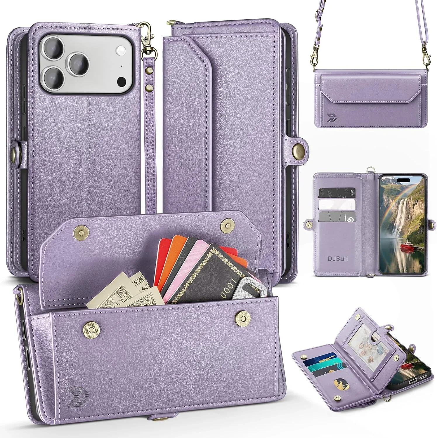 DJBull for iPhone 17 Pro Max 6.9" Wallet Case with Card Holder, Shoulder and Wristlet Straps, Soft PU Leather, Magnetic
