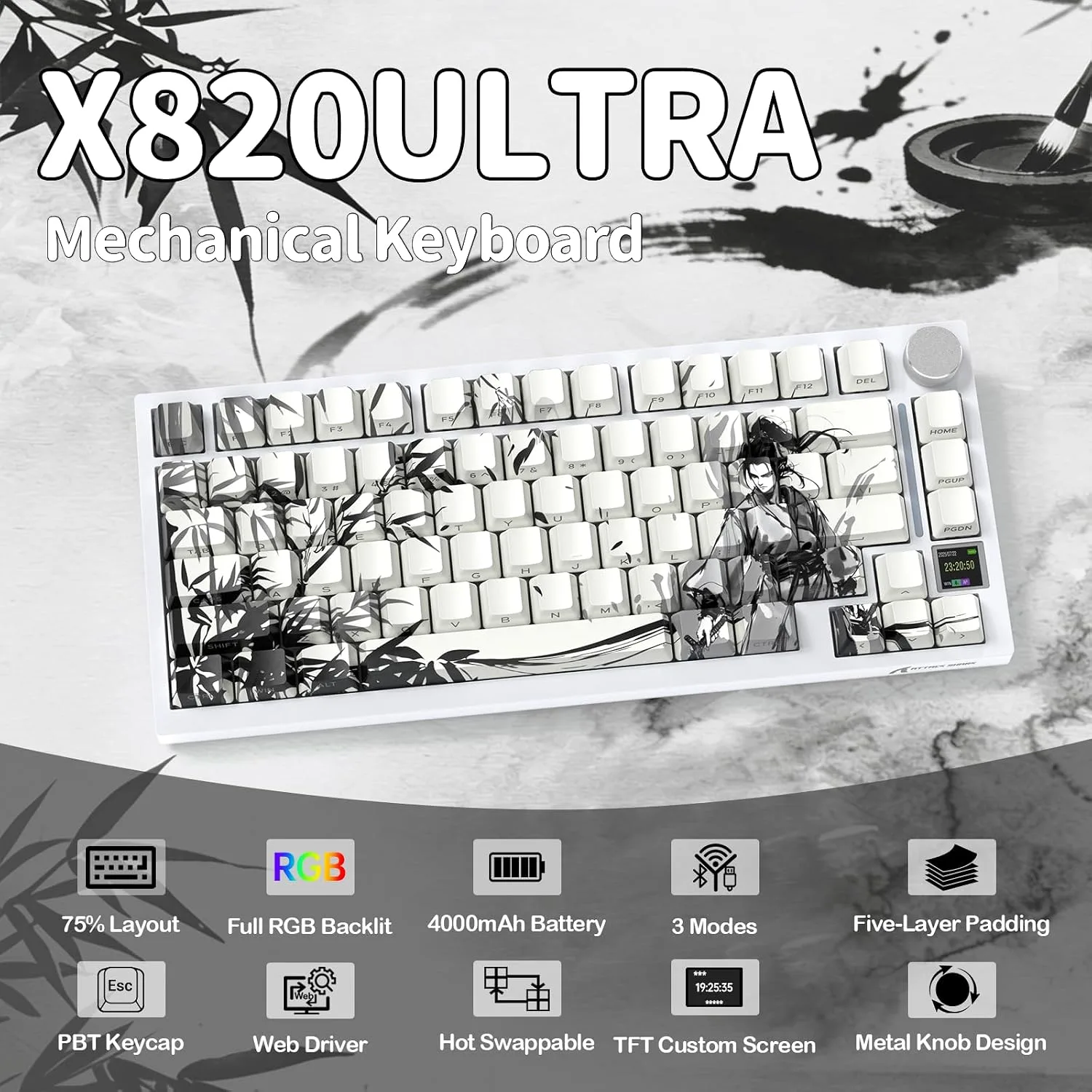 ATTACK SHARK X820 Ultra 75% Wireless Gaming Mechanical Keyboard Hot-Swappable Gasket Mount RGB Backlit BT/2.4G/Wired Custom Keyboard with Smart TFT Display&Knob QMK Driver-Ink Bamboo&Gift Switch
