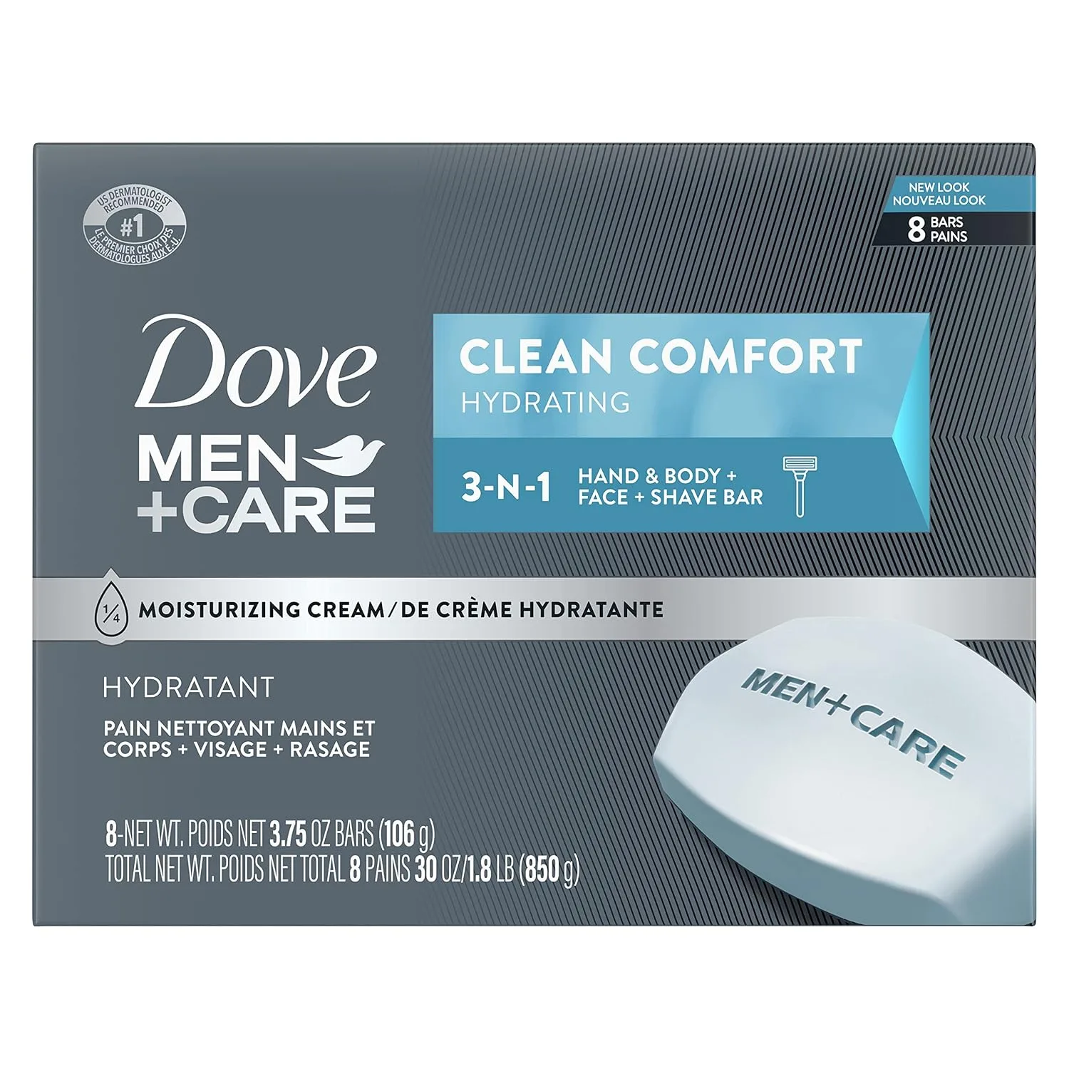 DOVE MEN + CARE Body and Face Bar, Clean Comfort Hydrating, 8 Bars, 3.75 oz