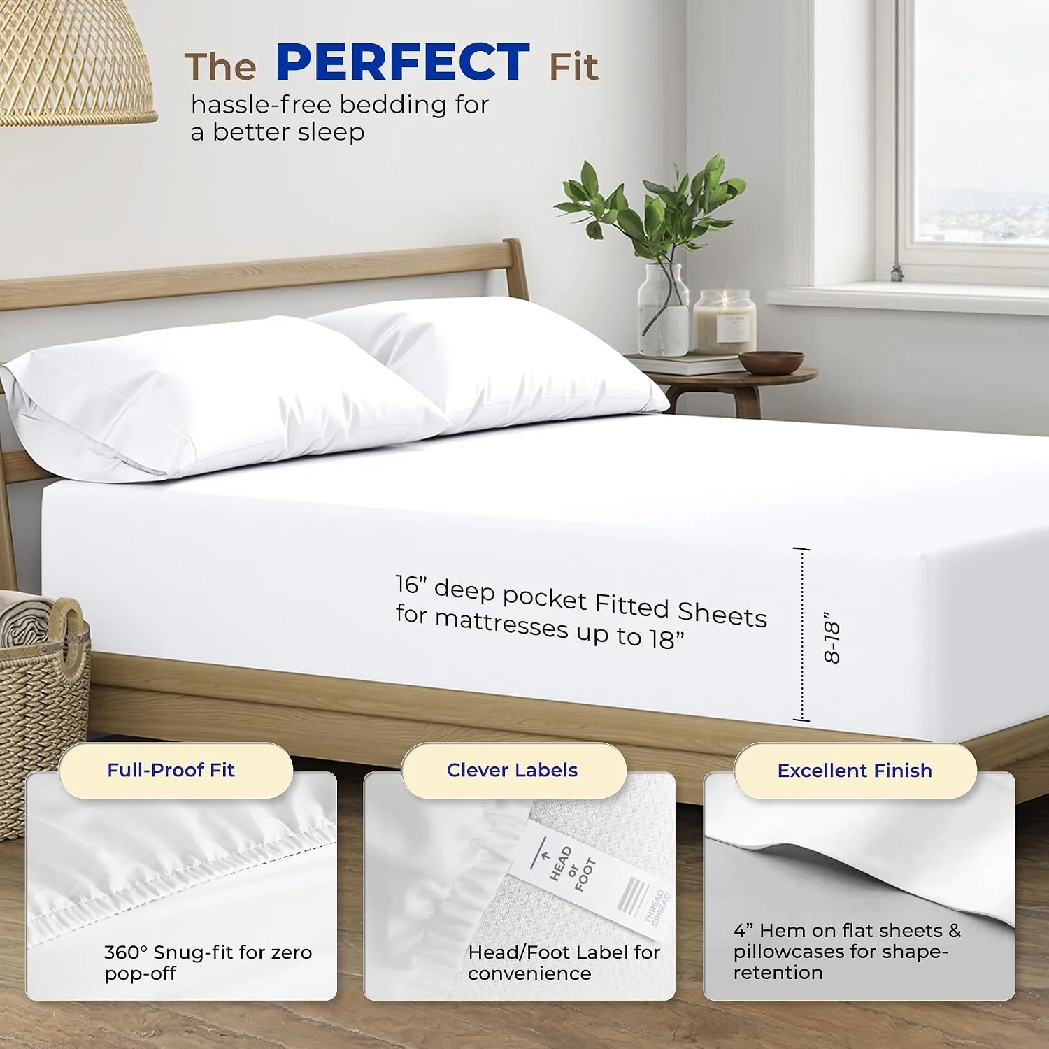 THREAD SPREAD Egyptian Cotton Sheets King Size - Luxury 600 Series King Size Sheets Set (4 PC, White), 16" Deep Pocket All Around Elastic, Soft, Cooling, Sateen Weave, Durable Hotel Bed Sheet Sets