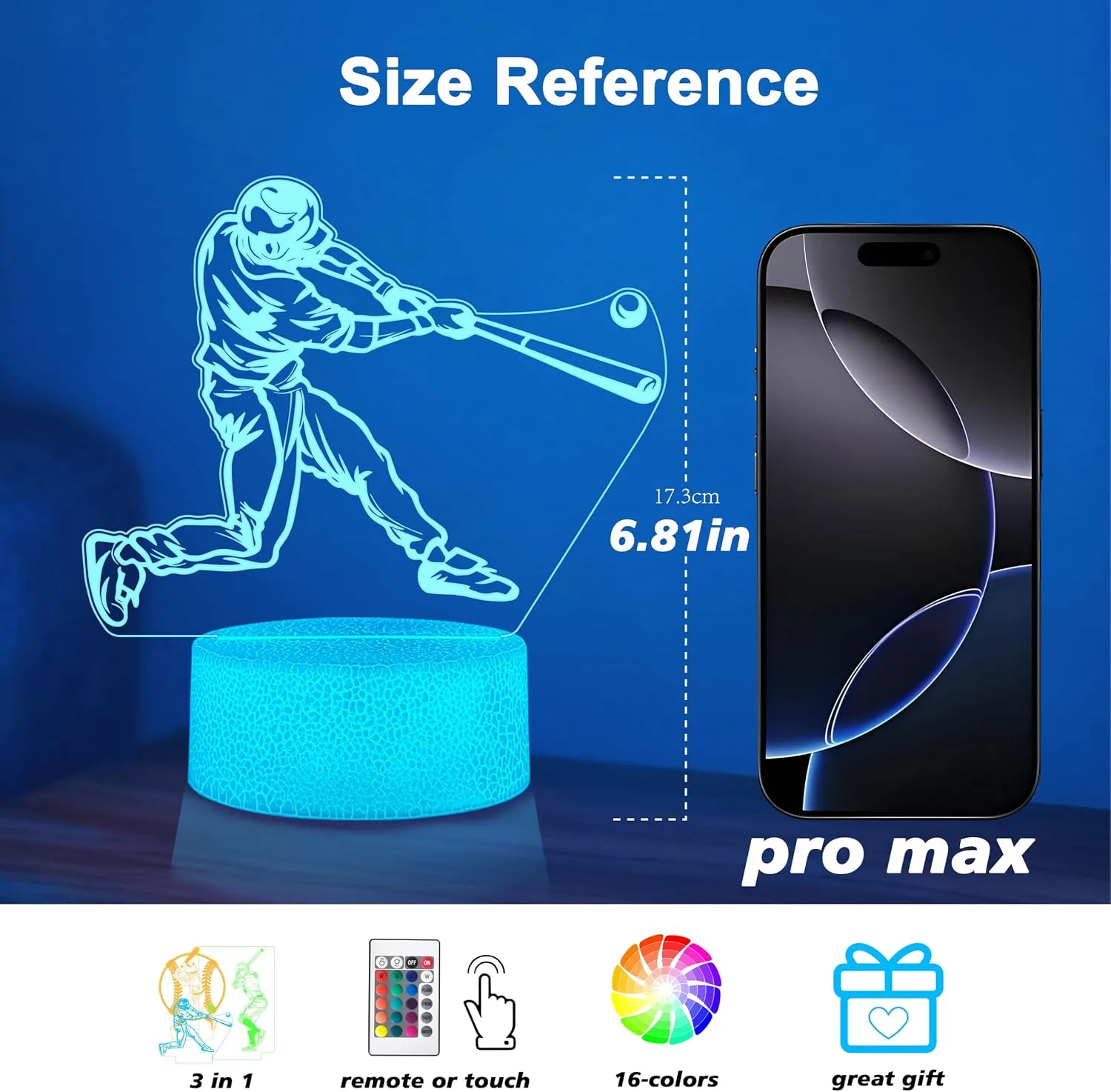 Baseball Gifts for Boys 8-12, 3 Patterns LED 3D Illusion Lamp 16 Colors with Remote Control, Baseball Room Decor, Birthday Stocking Stuffers for Teens Boys Girls