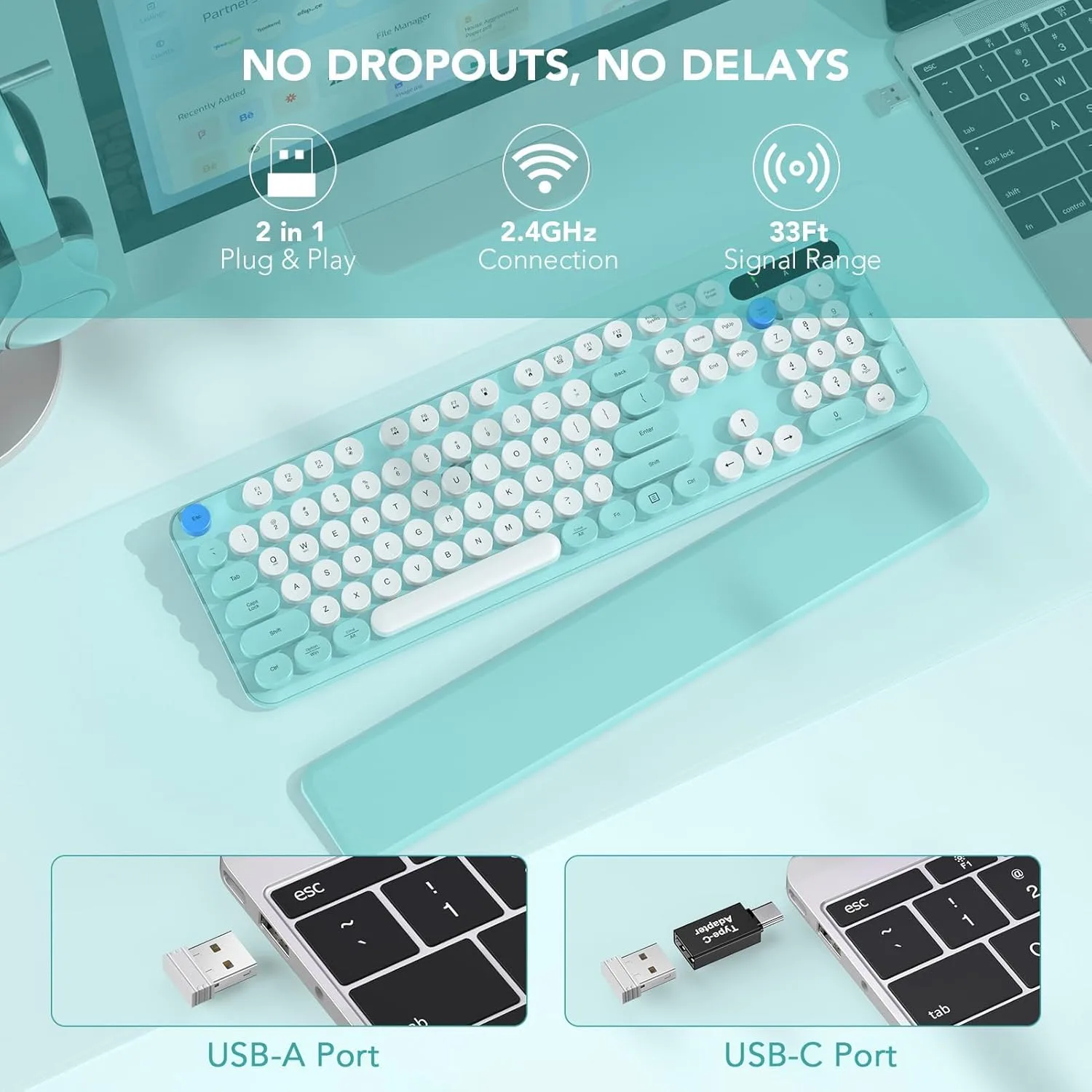 Wireless Keyboard, Round Keycaps, Retro Typewriter Keyboard with Detachable Wrist Rest, Sleep Mode, Foldable Legs, 2.4GHz Full-Size Cordless Computer Keyboard for Windows/PC/Laptop (Tiffany Blue)