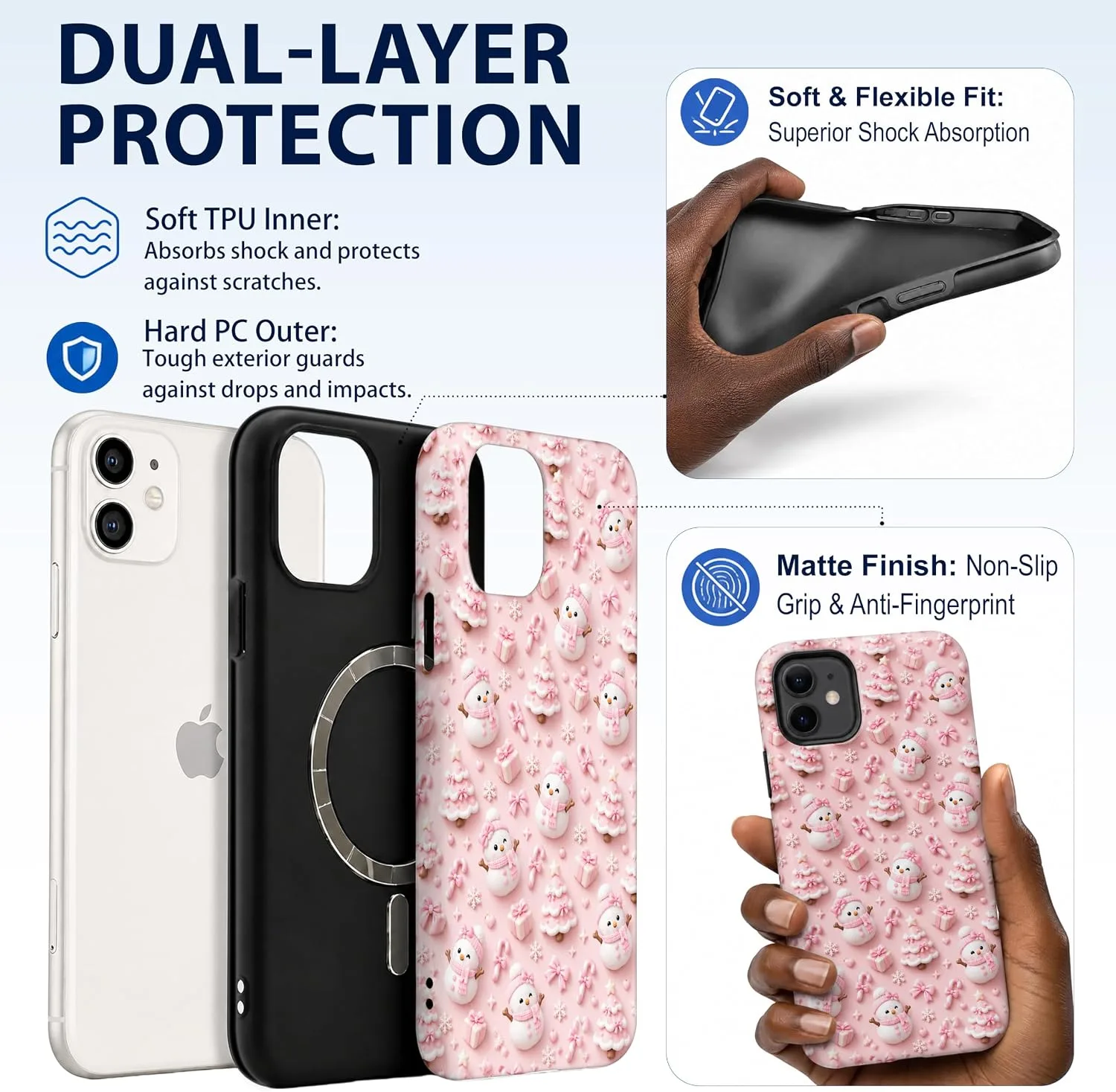 Magnetic for iPhone 11 Cute Pink Phone Case, Christmas Snowman