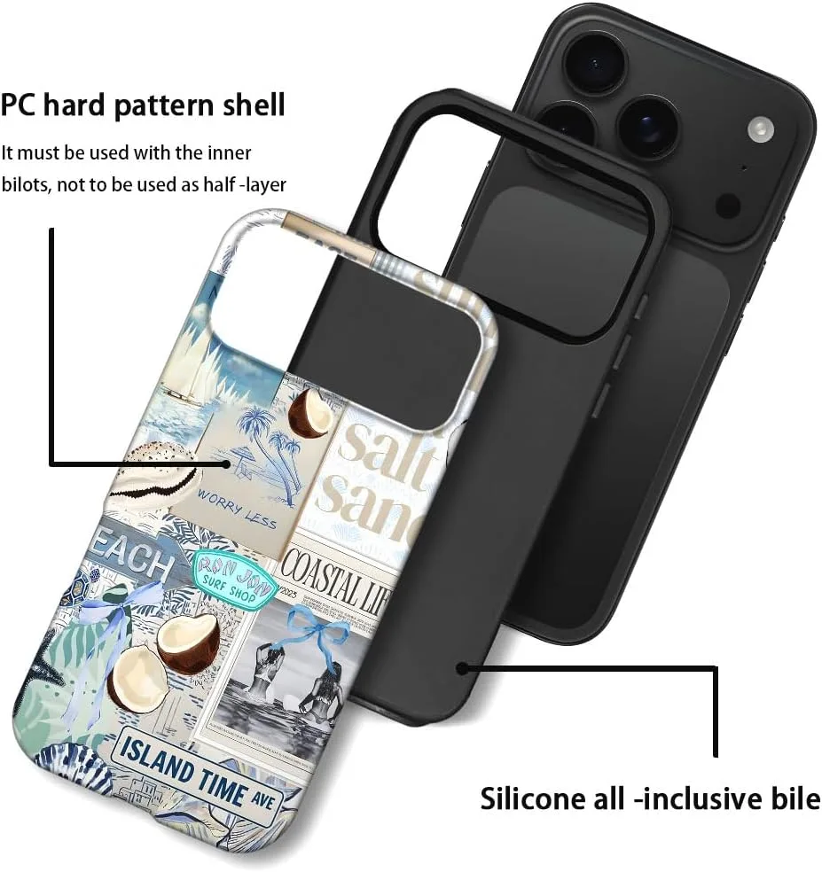 Case Compatible with iPhone 18 Pro Max/iPhone 17 Pro Max,Fall Prevention Hybrid 2-Layer Hard Shell Phone Cover for Girls Boys,Beach Coast Collage