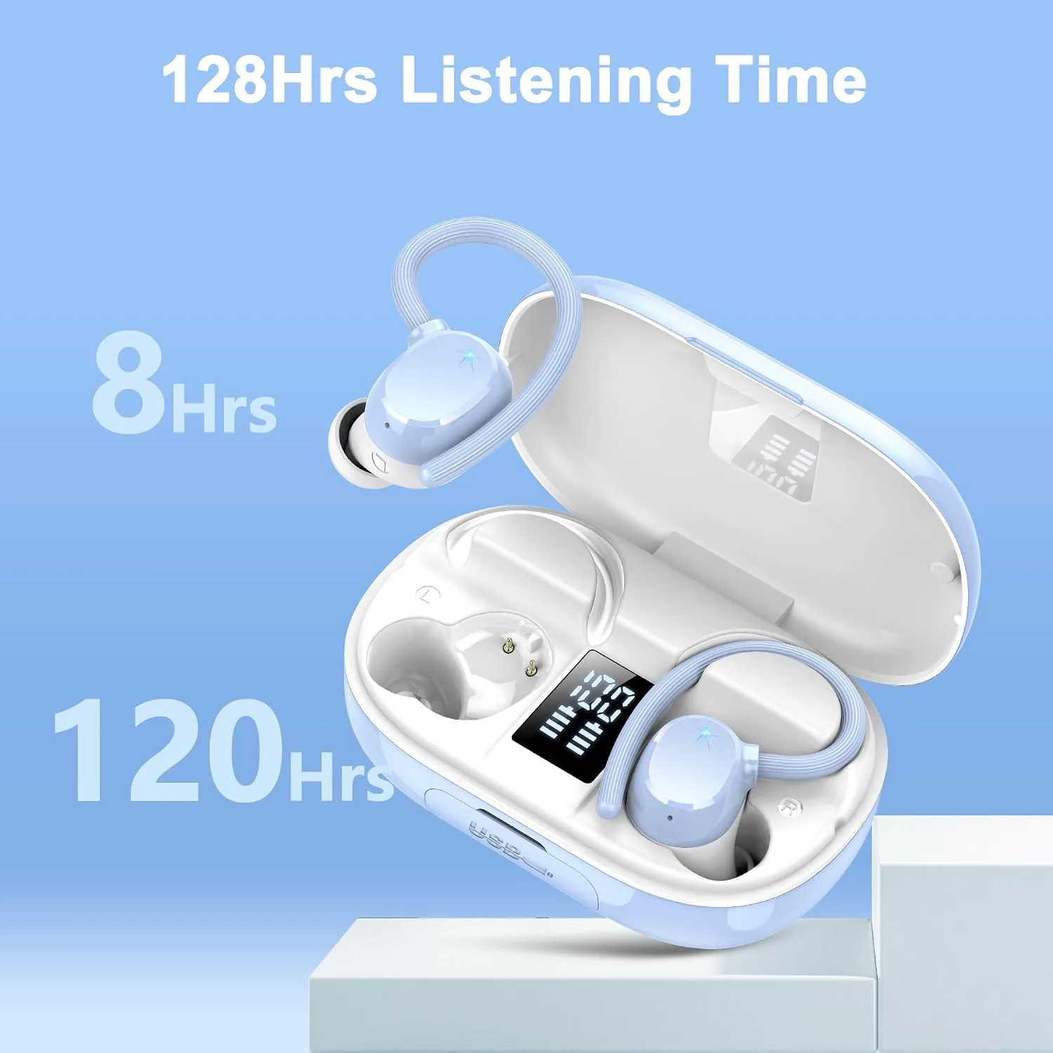 Ear buds Wireless Bluetooth Earbuds Sport 128H Playtime 2026 NEW Bluetooth 5.3 Headphones with LED Display Powerful Bass Over Ear Earphones with Earhooks IP7 Waterproof for Gym/Running/Workout