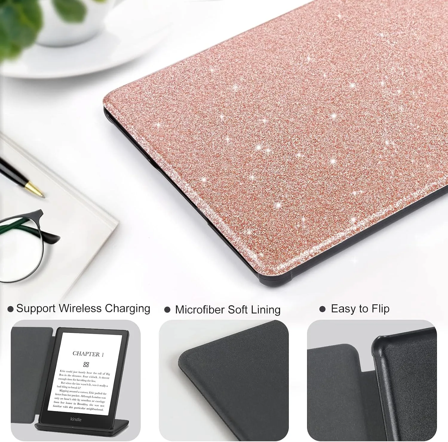 CoBak Case for All New 6 Inch E-Reader 2024 and 2022 (11 Generation) - PU Leather Smart Cover, Auto Sleep and Wake, not Compatible with Kobo Clara,Rosegold Glitter