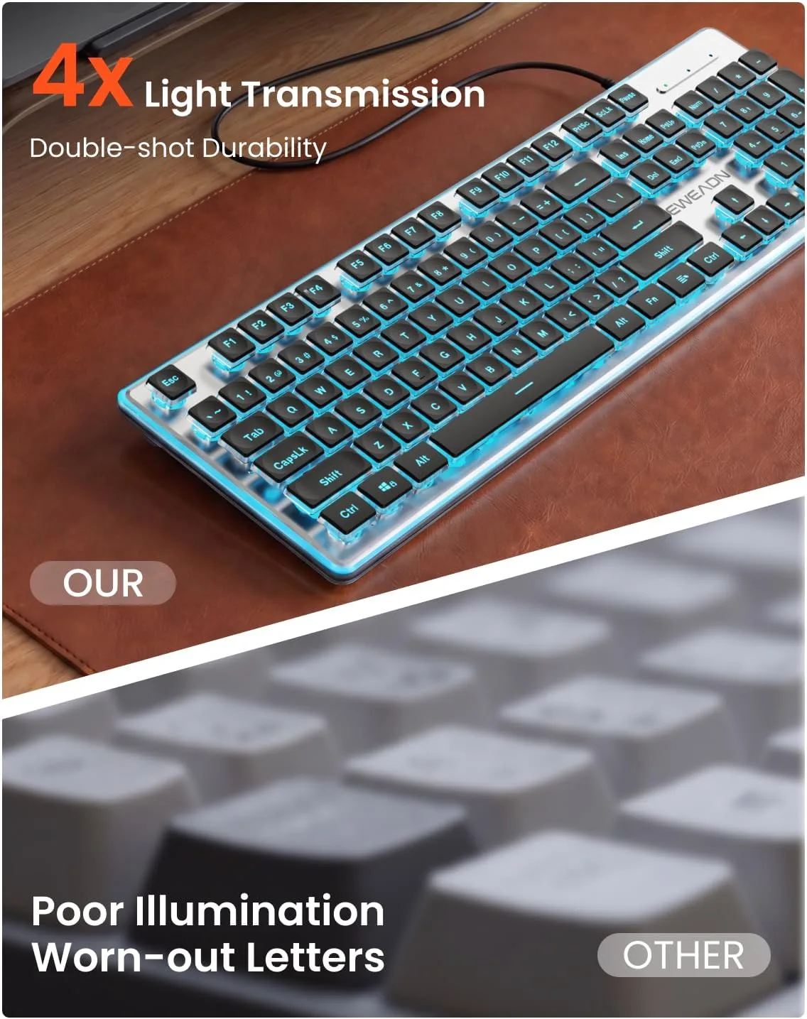 Wired Keyboard with Blue Backlit, Never Fade, Soft Click Typing, Black