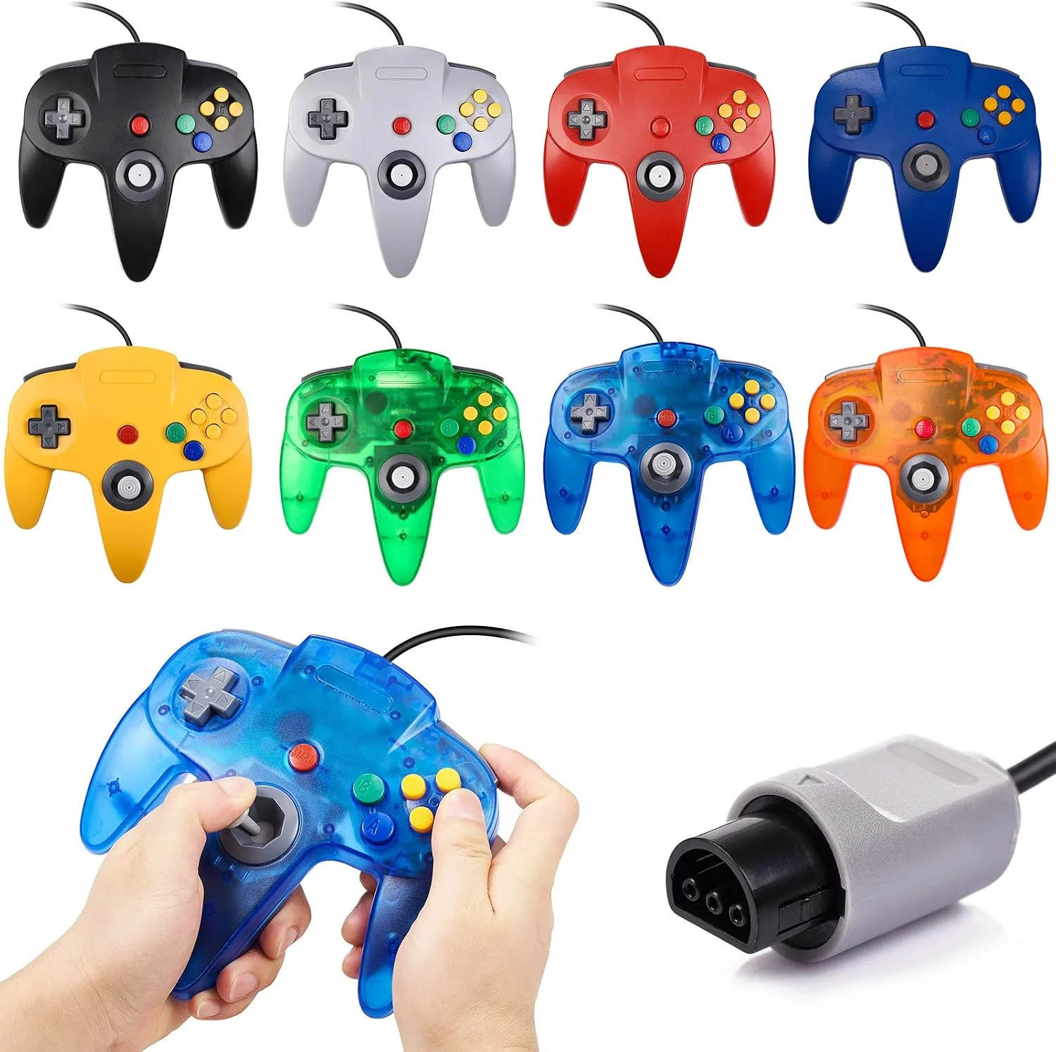 miadore 4 Pack Classic 64 Controller, Wired N64 Controllers with Upgraded Joystick (Non PC USB Version) (Black/Clear Green/Clear Blue/Clear Orange)