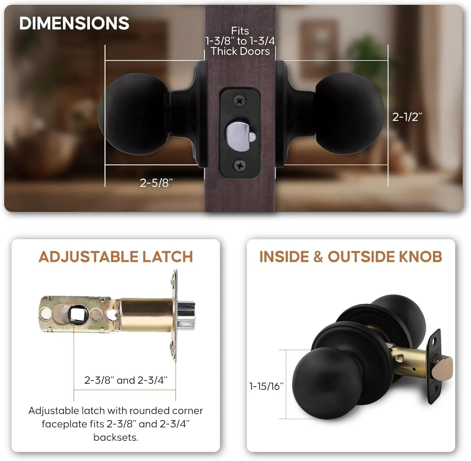 Copper Creek Passage Interior Door Knob – ANSI Grade-3 Certified, Modern Heavy Duty Handle, Easy Install and Reversible for Bedroom, Bathroom & Closets – Matte Black (1 Pack)