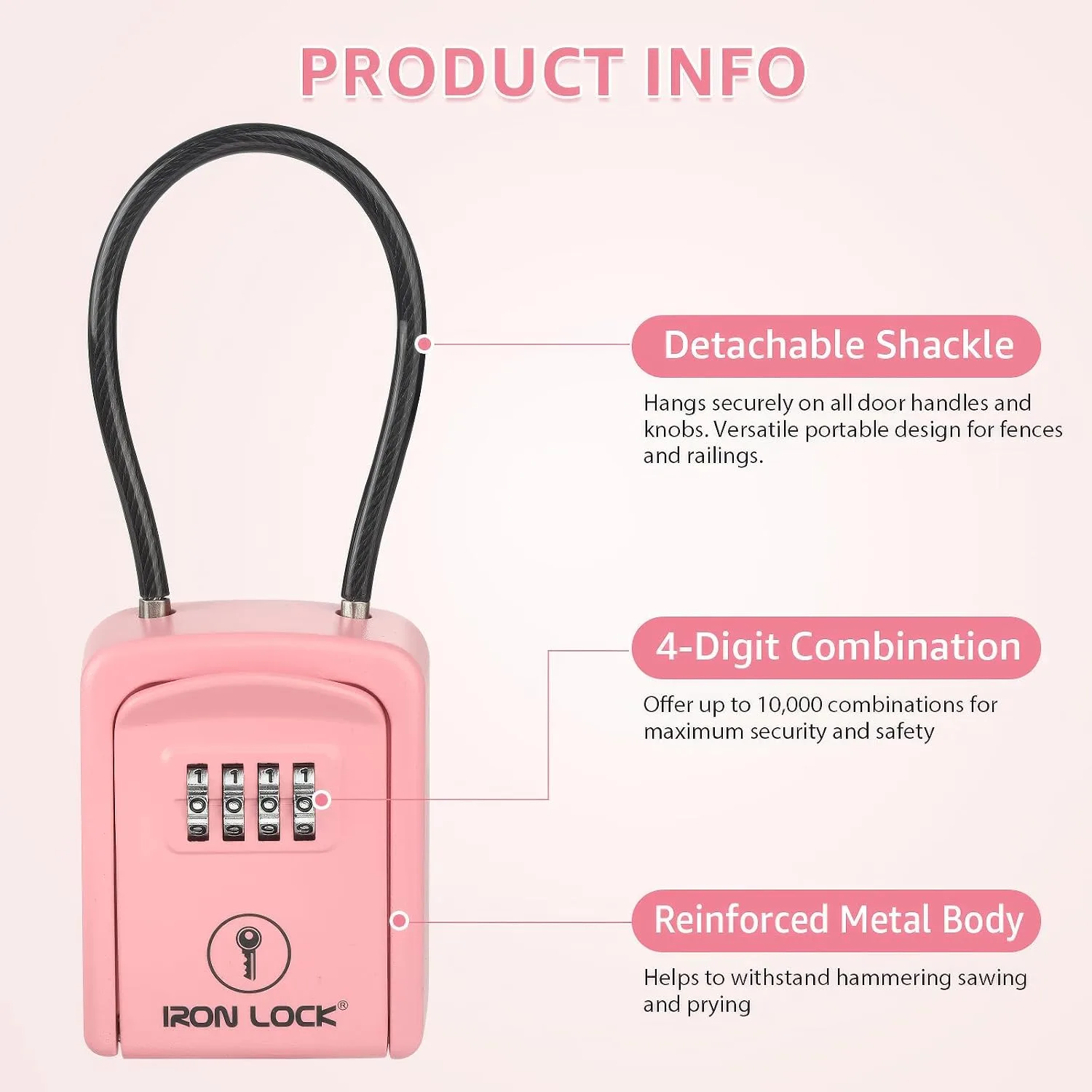 Iron Lock® Key Lock Box with Code, Portable Cable Shackle (Small, Pink)