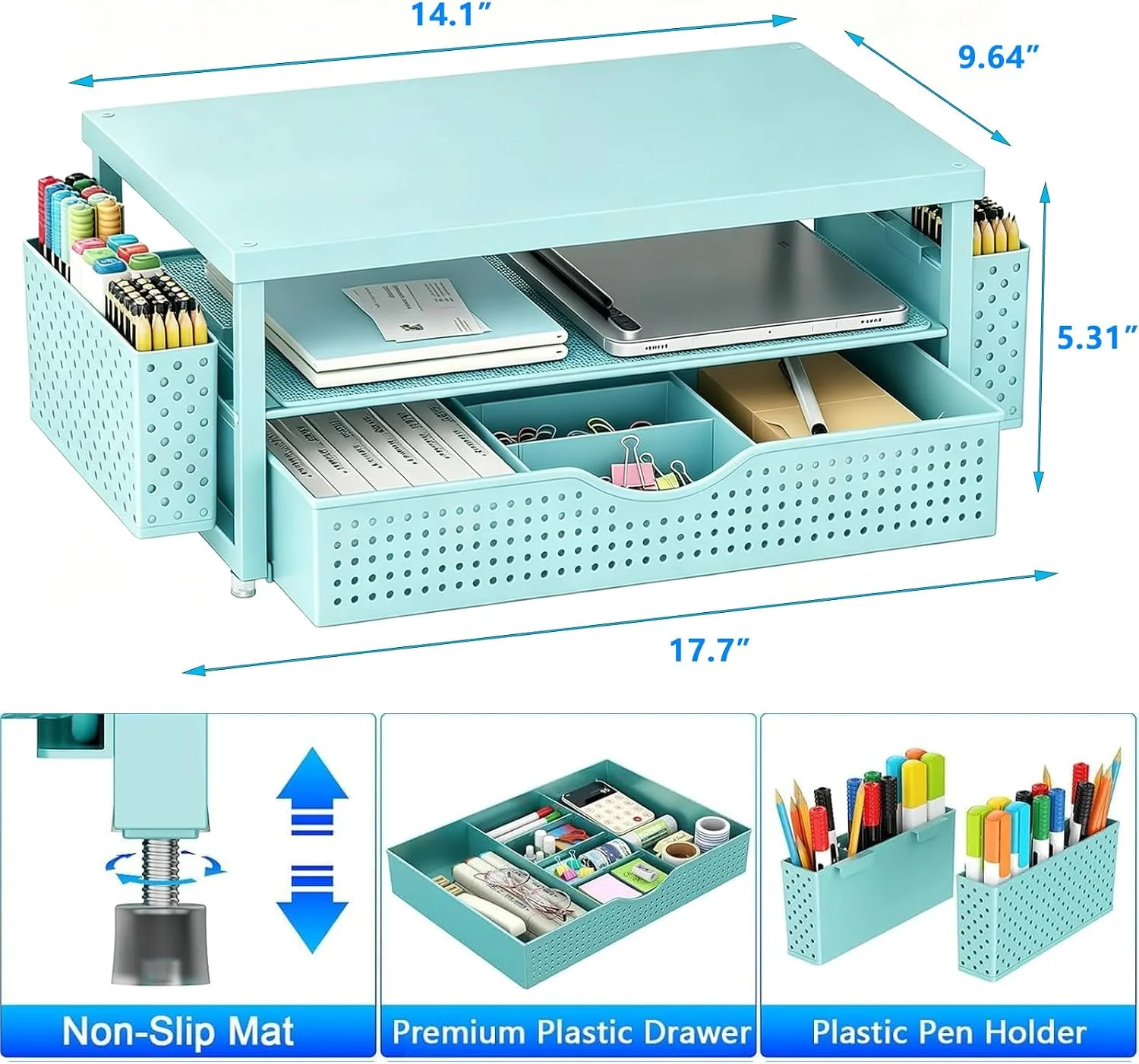 gianotter Monitor Stand with Drawer and 2 Pen Holders (Blue)