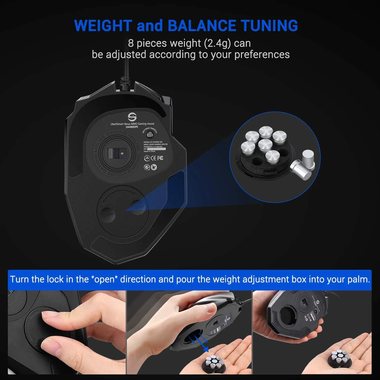 UtechSmart Venus Pro Wired MMO Gaming Mouse - 16400 DPI RGB