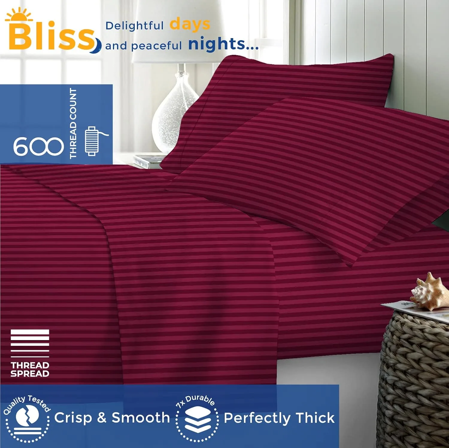 THREAD SPREAD Striped Egyptian Cotton Sheets Twin XL Size - 600 Series Bliss Collection Damask Twin XL Sheets Deep Pockets (3 PC, Burgundy Stripe), Sateen Dorm Bedding, Fits Mattress Upto 18"